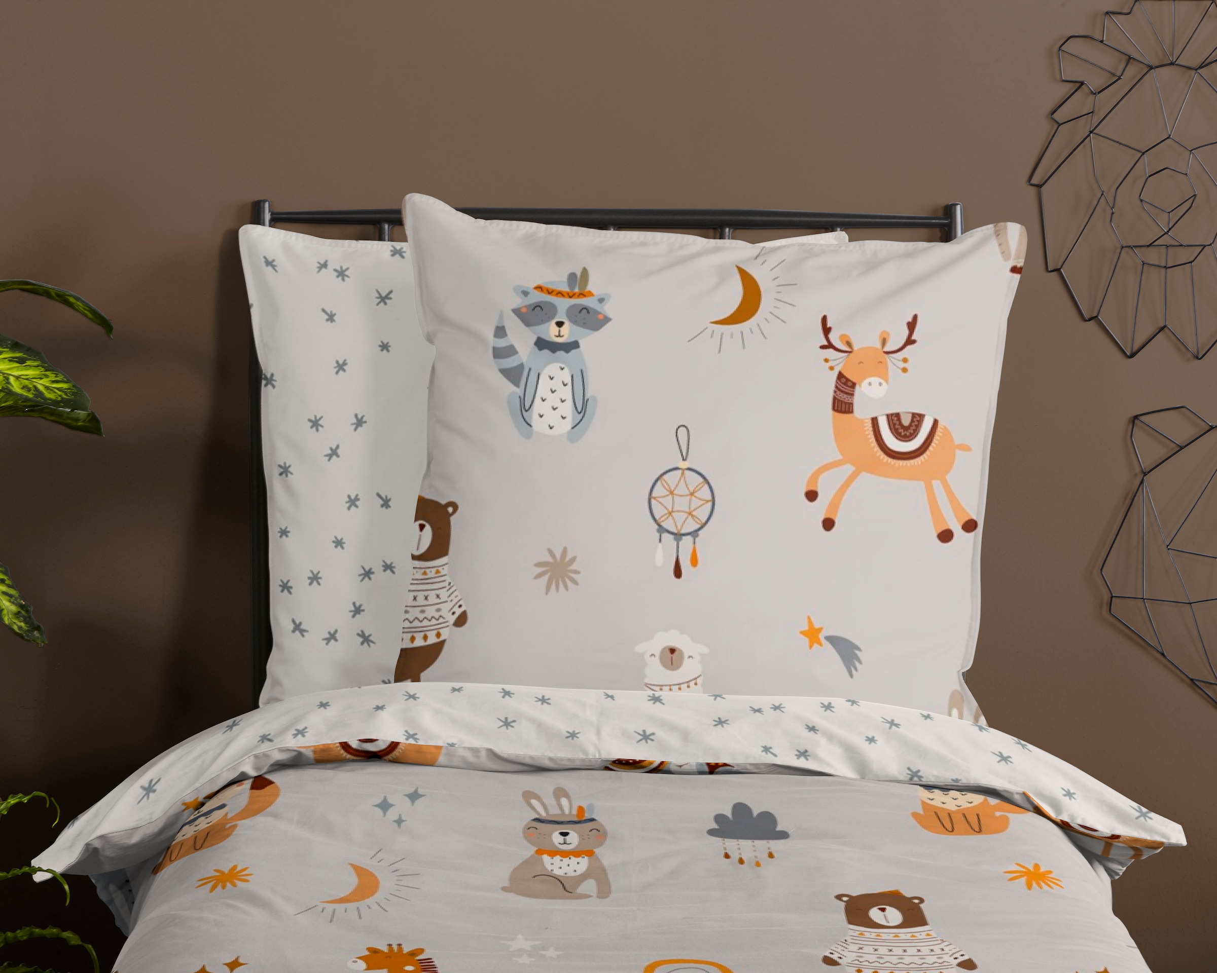 good morning Kinderbettwäsche »Woody«, Baumwolle, 135x200, Reissverschluss, Wende, Kind, Simple, Tier, Grau
