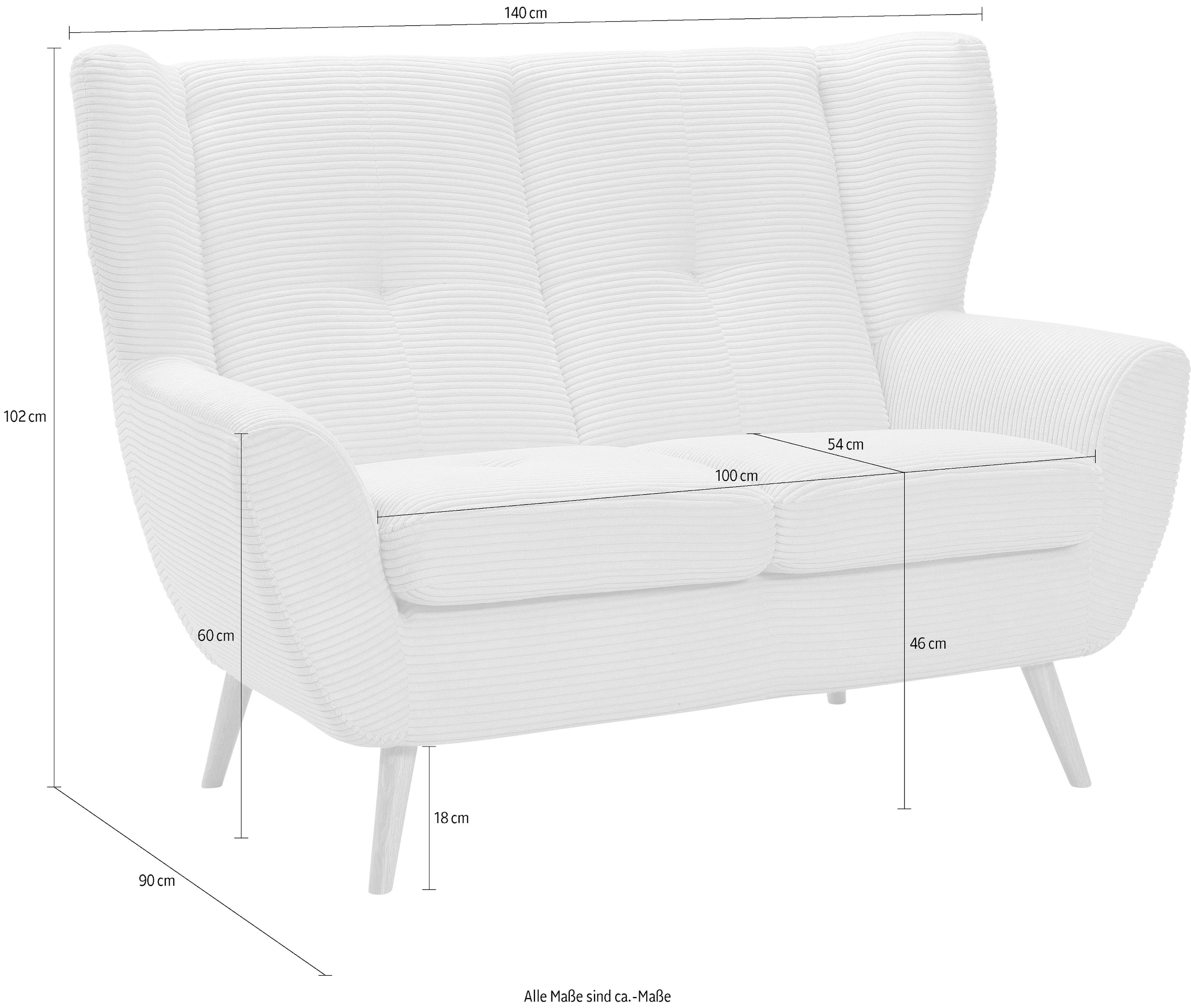 exxpo - sofa fashion 2-Sitzer »ALVESTA, Loungesofa, Küchensofa, hoher Sitzkomfort, Ohrenbackensofa«, gemütliche Rückenlehne, mit Knopfheftung und hohen Holzfüssen, in Cord