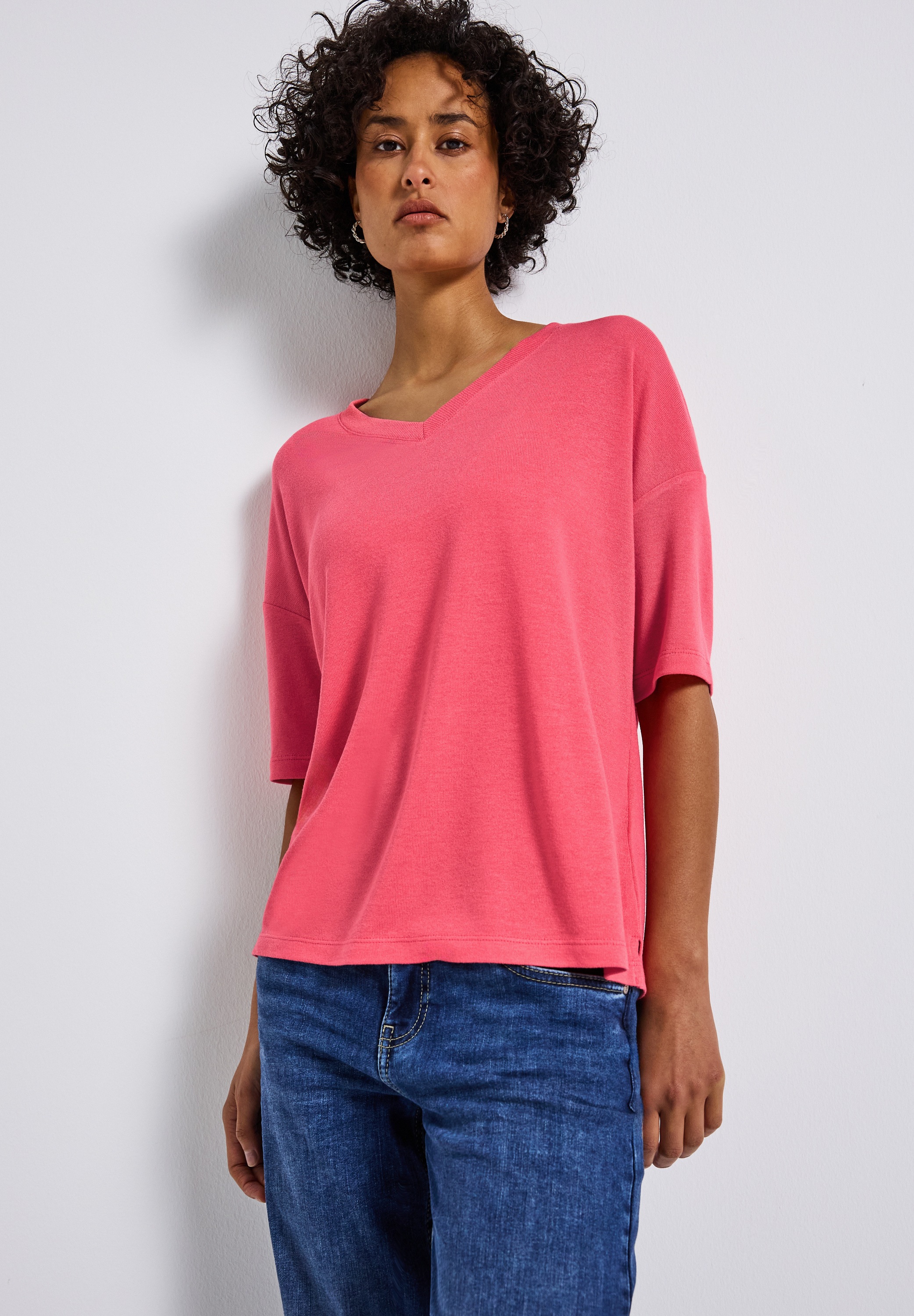 STREET ONE T-Shirt mit V-Ausschnitt und im Strick-Look