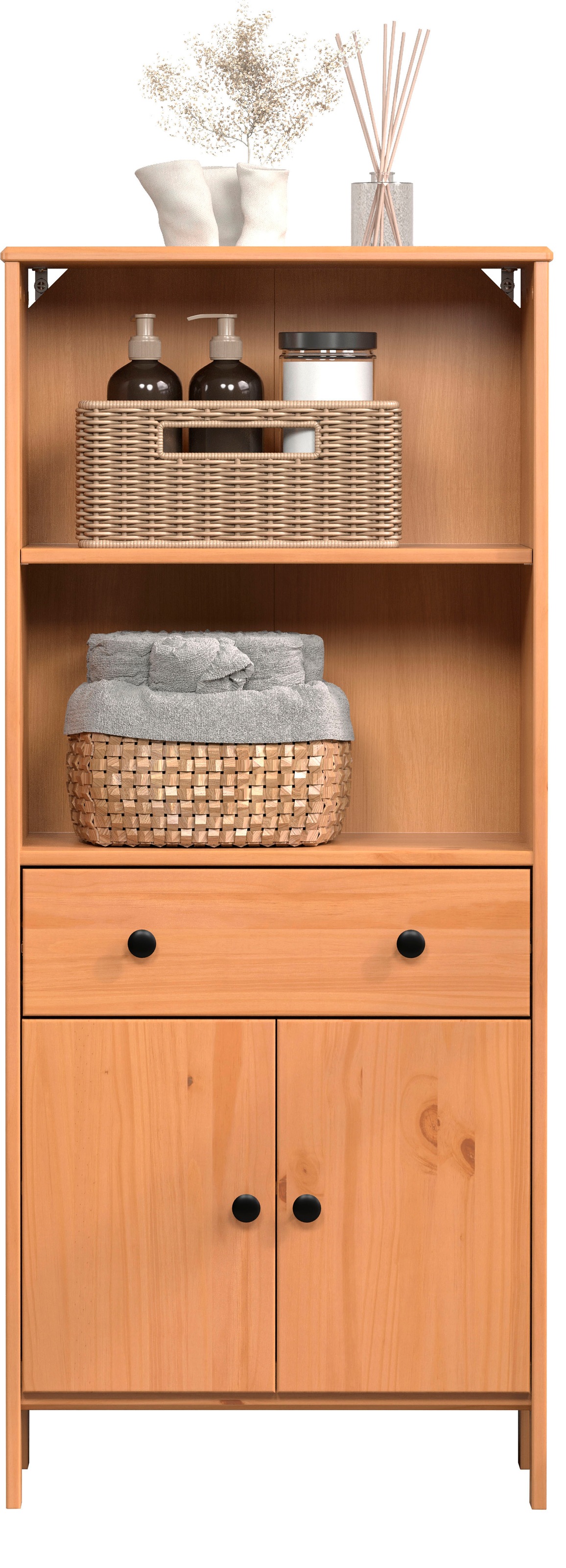 welltime Midischrank »Kall«, (1 St.), Breites Badregal aus Kiefer-Massivholz - Weiss oder Braun lackiert