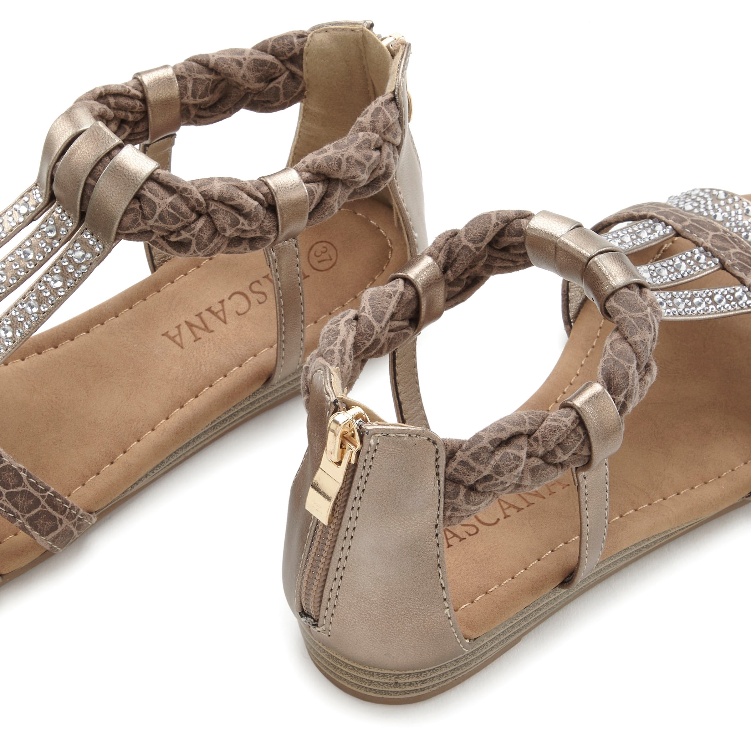 LASCANA Sandale »Sommerschuh, Sandalette«, mit Glitzersteinen und kleinem Keilabsatz im Festival-Look VEGAN
