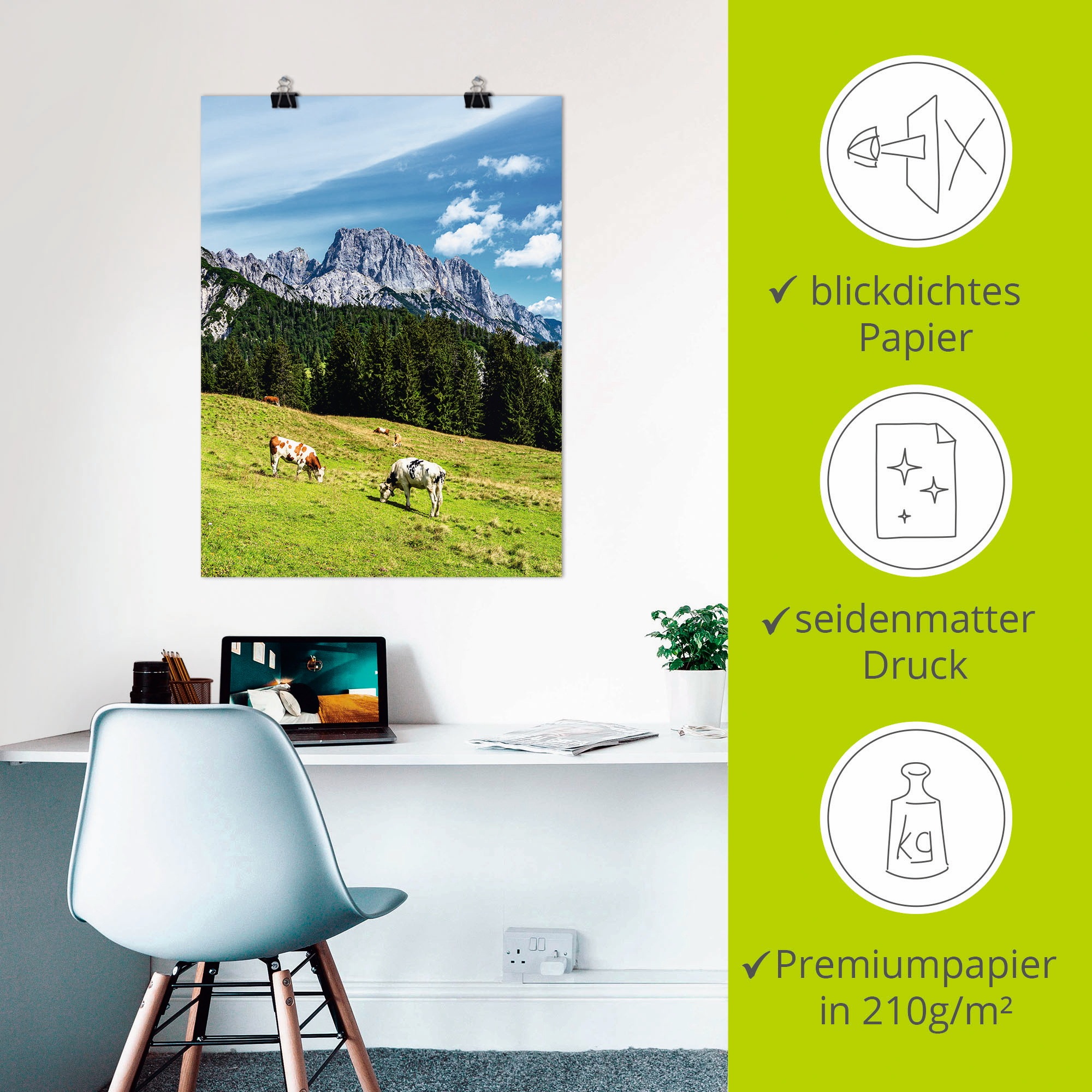 Artland Poster »Blick auf die Litzlalm mit Kühen«, Berge & Alpenbilder, (1 St.), als Alubild, Leinwandbild, Wandaufkleber oder Poster in versch. Grössen