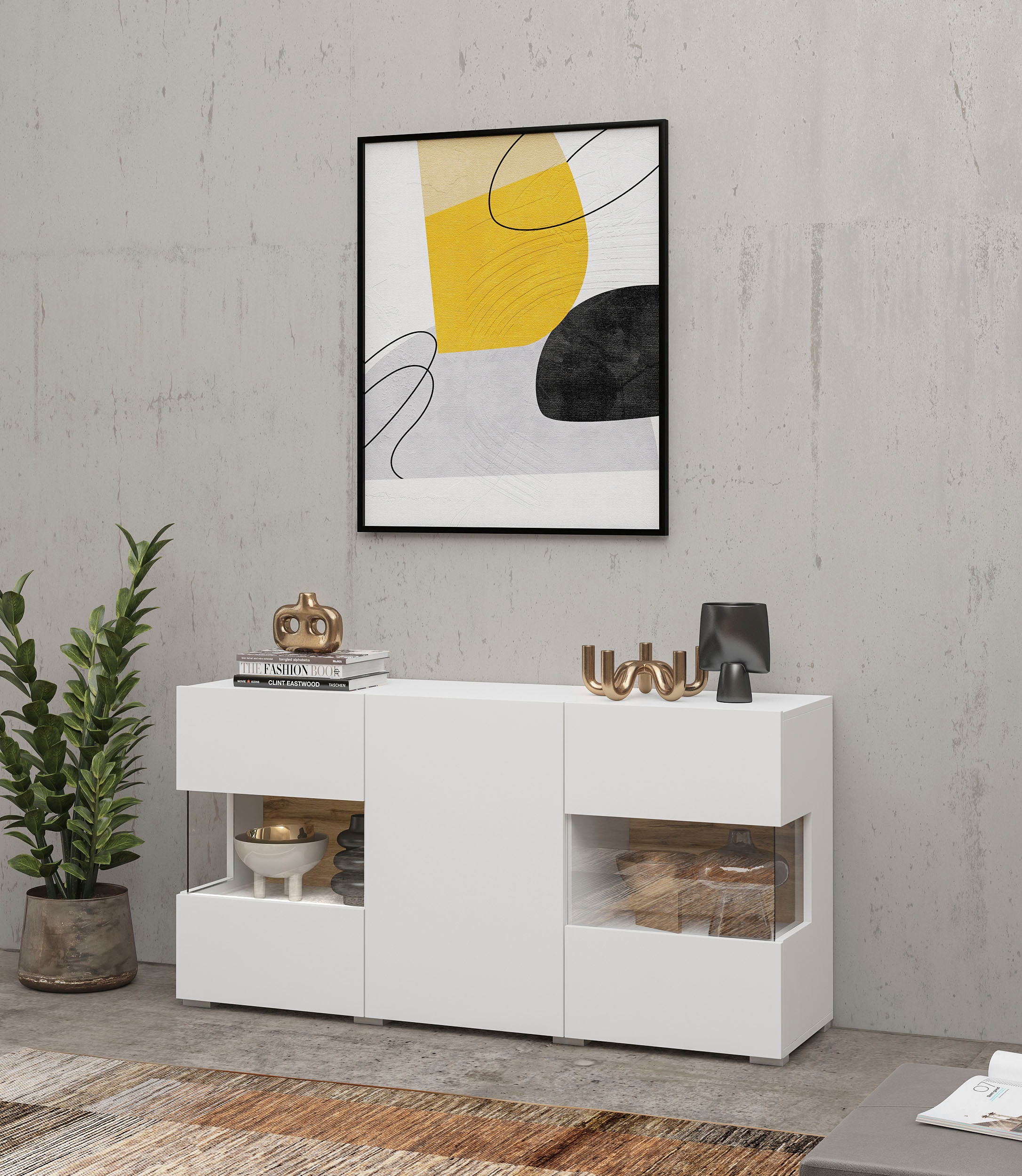 INOSIGN Sideboard »Ava, Breite 120 cm, hängend und stehend montierbar«, moderne grifflose Kommode, Anrichte, 3Türen, Eckverglasung