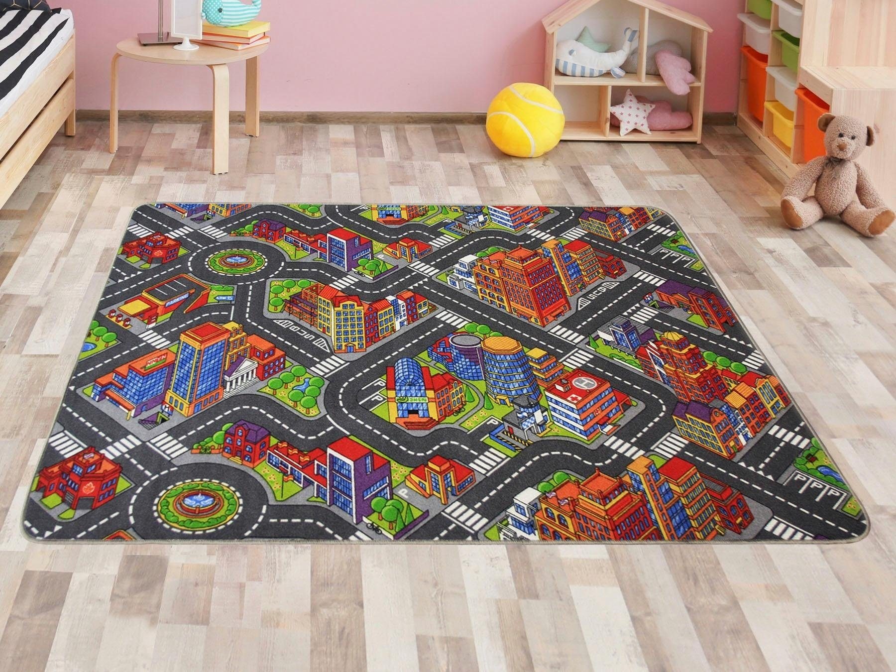 Primaflor-Ideen in Textil Kinderteppich »BIG CITY, Made in Belgium«, rechteckig, 5 mm Höhe, Strassen-Spiel-Teppich, Strassenbreite ca. 9 cm, Kinderzimmer