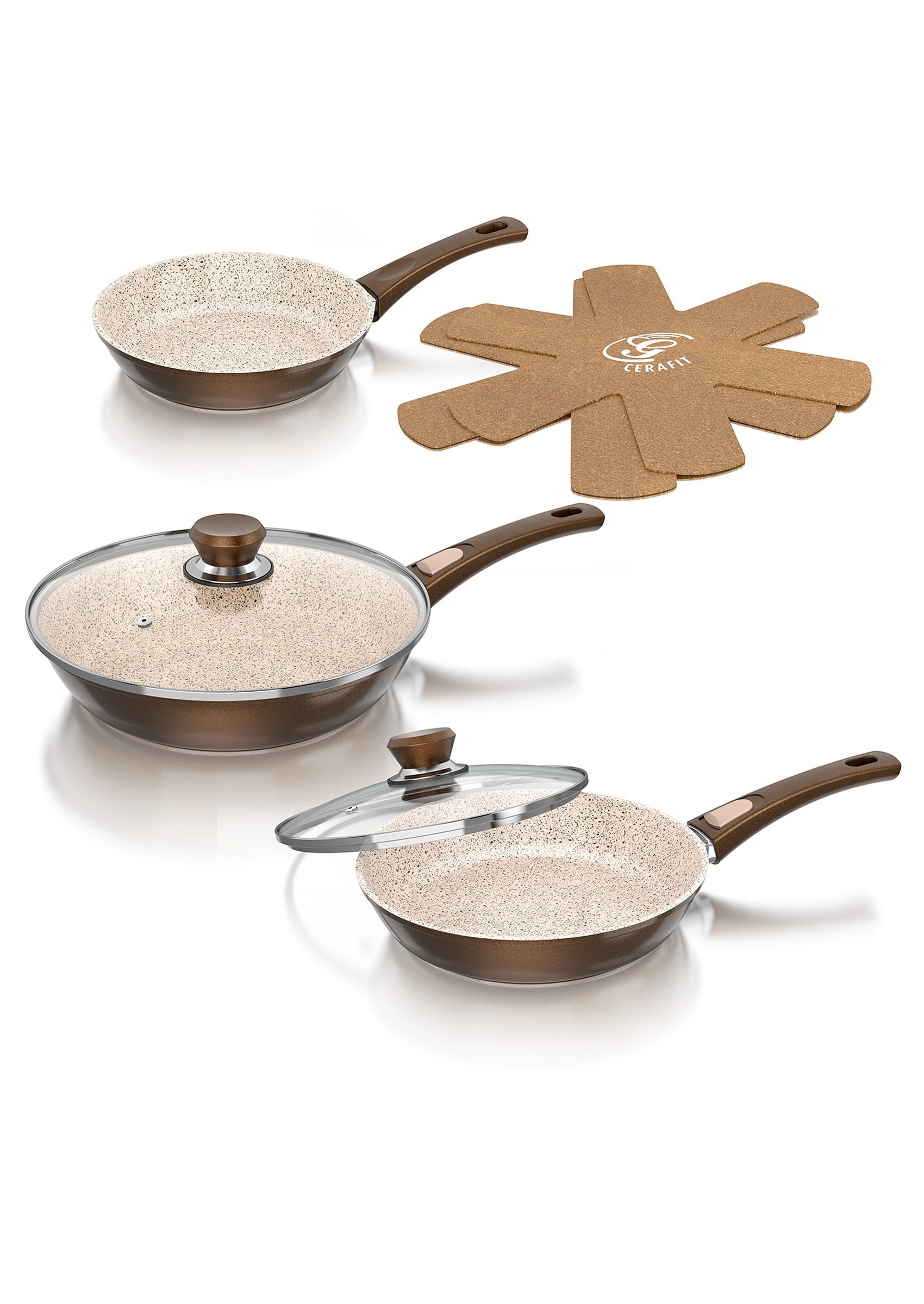 Genius Pfannen-Set »Cerafit® Granit-Grand-Edition«, Edelstahl, (Set, 7 tlg., je 1 Pfanne Ø 20/24/28 cm, H: 5,3/6,2/5 cm, - 0,9/1,6/2,6 l), Abnehmbarer Griff, Aluminium, Keramikbeschichtung, Induktion