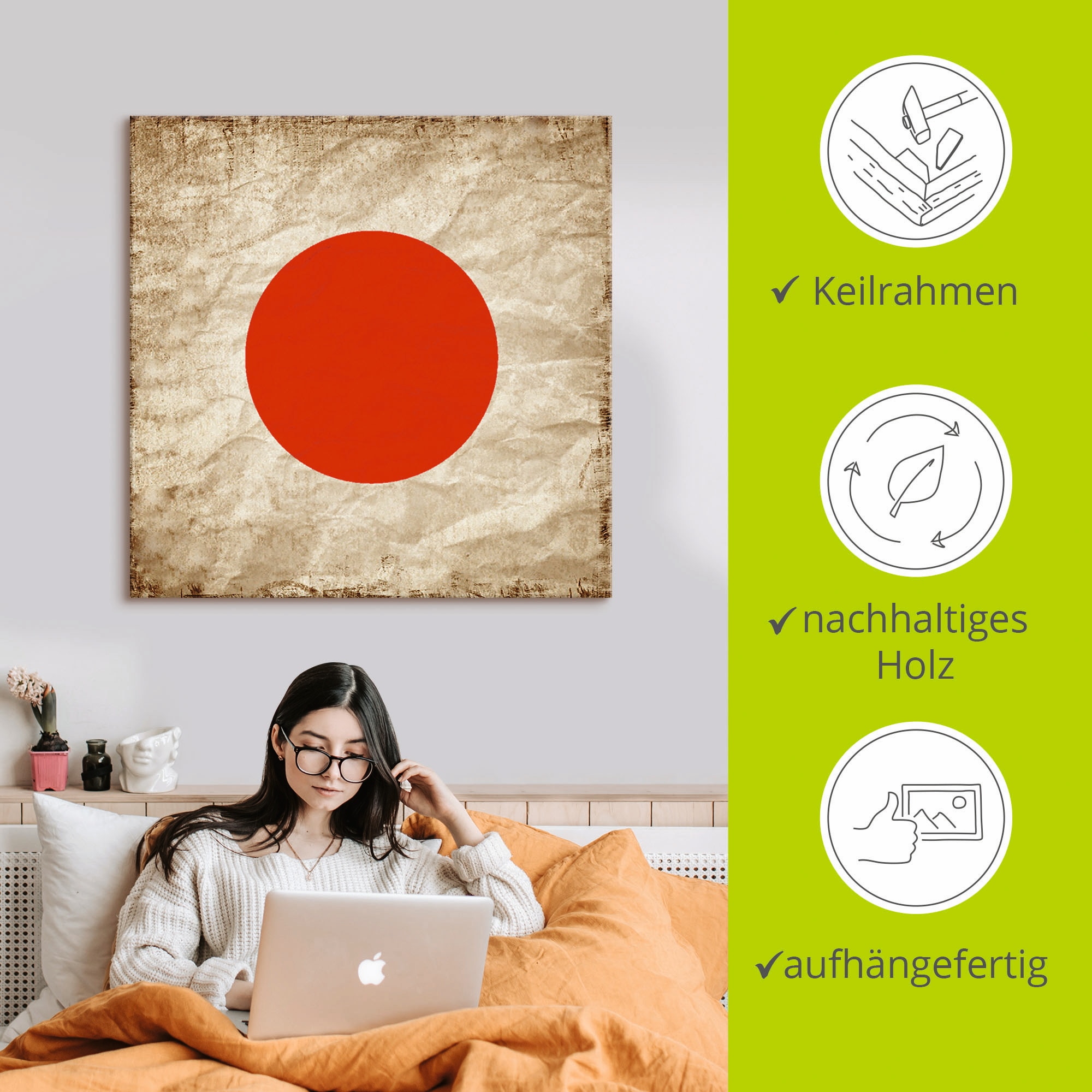 Artland Wandbild »Japanische Flagge Japan Symbol«, Zeichen, (1 St.), als Leinwandbild, Wandaufkleber in verschied. Grössen