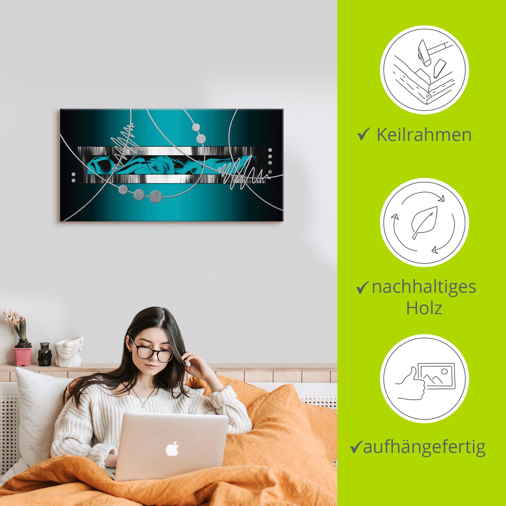 Artland Wandbild »Silber abstrakt auf petrol«, Gegenstandslos, (1 St.), als Alubild, Outdoorbild, Leinwandbild, Poster, Wandaufkleber
