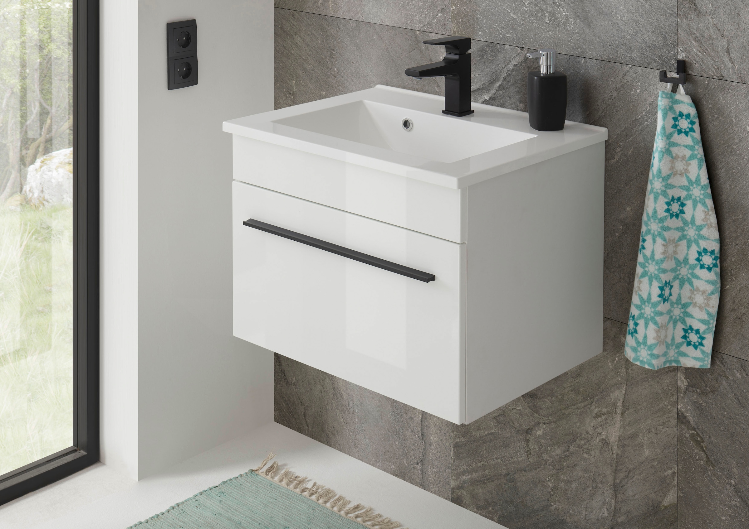 INOSIGN Waschtisch »Cantara, Waschtisch inkl. Waschbecken, modernes Design«, mit schwarzem Griff, ausreichend Stauraum