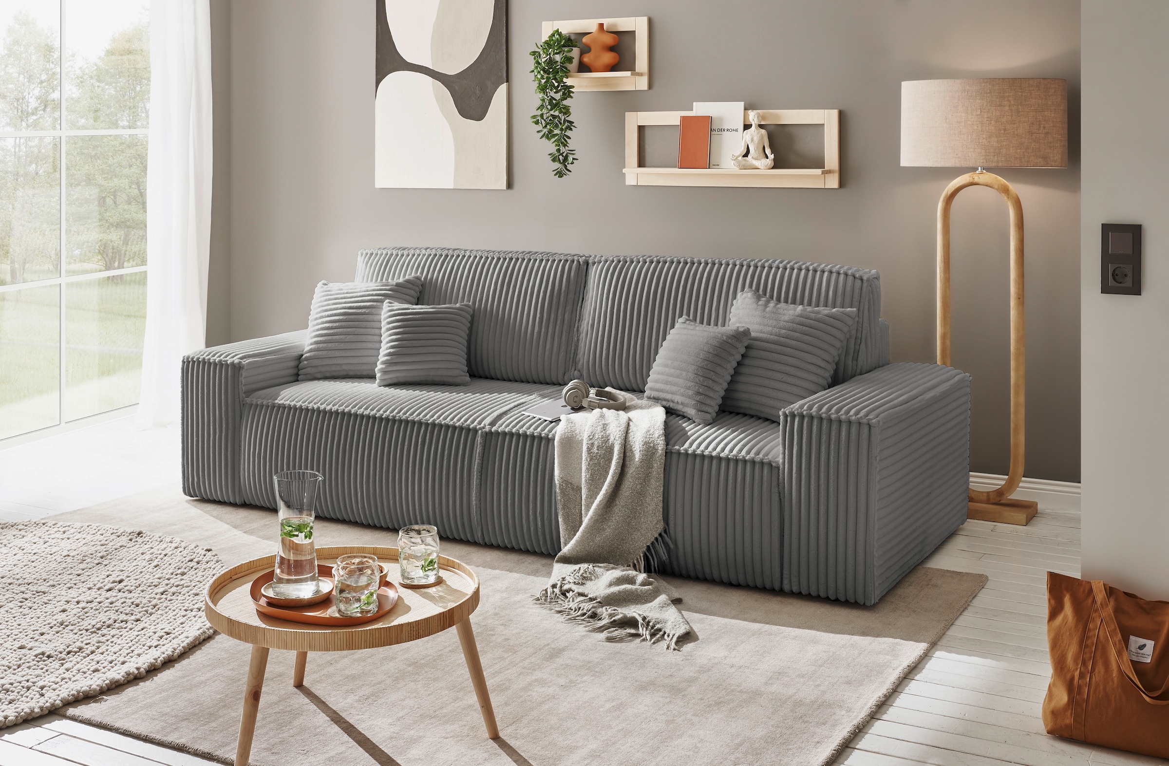 andas 3-Sitzer »FINNLEY Schlafsofa 257 cm, Schlaffunktion mit Bettkasten (200/136cm)«, in Aqua Clean-Bouclé, Struktur fein u. Cord