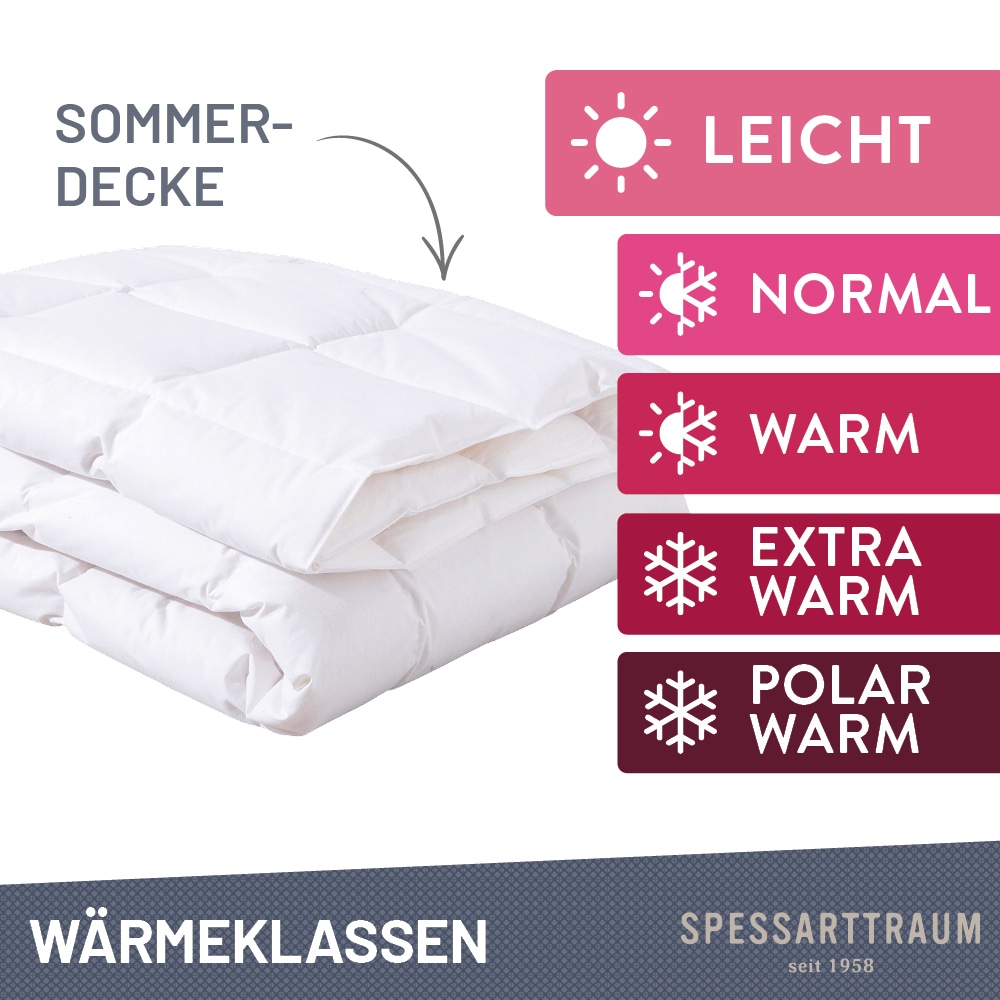 SPESSARTTRAUM Daunenbettdecke »Exklusiv, Bettdecken für Sommer und Winter«, Füllung 100% Daunen, Klasse 1, Downpass zertifiziert, Bezug 100% Baumwolle, nachhaltig (Made in Green), Hausstauballergiker geeignet, (1 St.), 5 Wärmeklassen & 8 Grössen