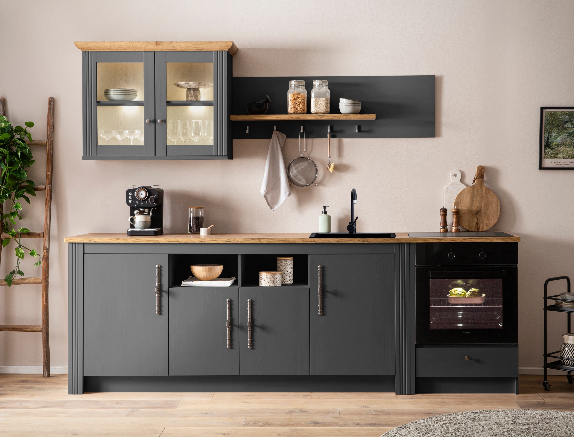 OTTO home Küchenzeile "KS-Westminster, Pantryküche im Landhaus Stil, hochwertige Metallgriffe" Set, Breite 268 cm, Sideboard, Wandpaneel, Hängeschrank und Herdumbau