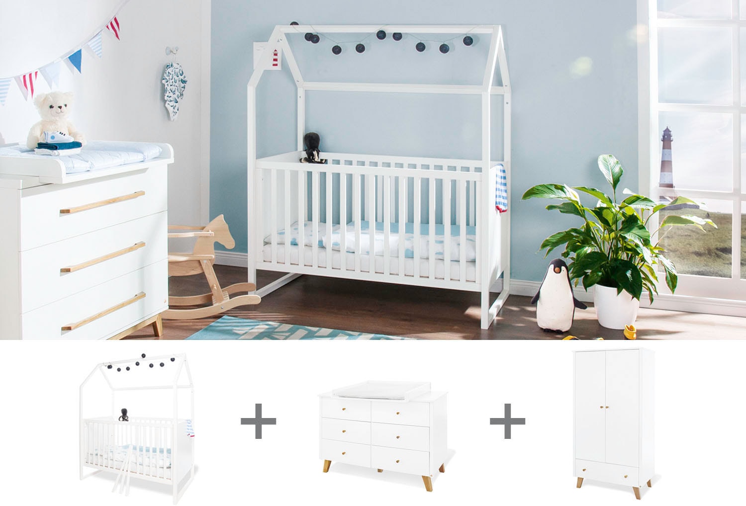 Pan«, 2-trg. günstig Jelmoli-Versand Wickelkommode, Pinolino® Hausbett, & mit Kleiderschrank), ✵ Wickelkommode (Set, 3 Kleiderschrank »Hilda | ordern & extrabreit; Hausbett, St., Babyzimmer-Komplettset