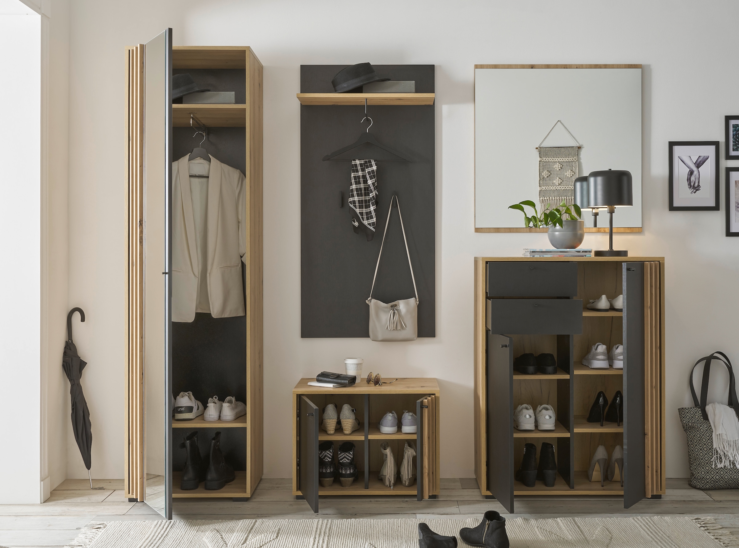HBZ Schuhschrank »Volano in schwarz, BxHxT 80x106x38 cm«, (1 St.), Mit 2 Türen, 2 Schubkästen, 5 Einlegeböden
