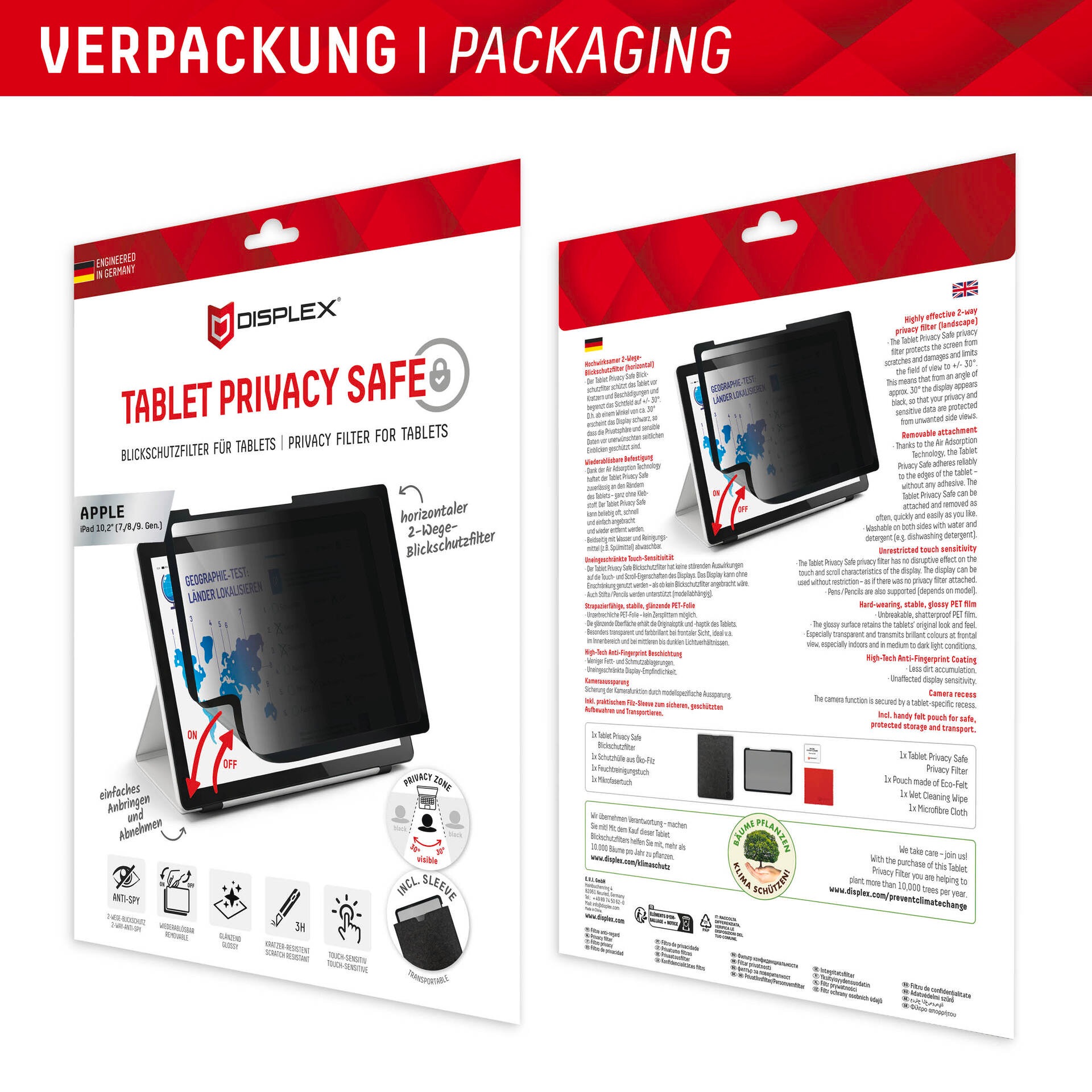 Displex Displayschutzfolie »Tablet Privacy Safe«, für Apple iPad 10,2 (7/8/9 Gen), Blickschutzfolie, Schutzfolie, Bildschirmschutz, kratz- & stossfest