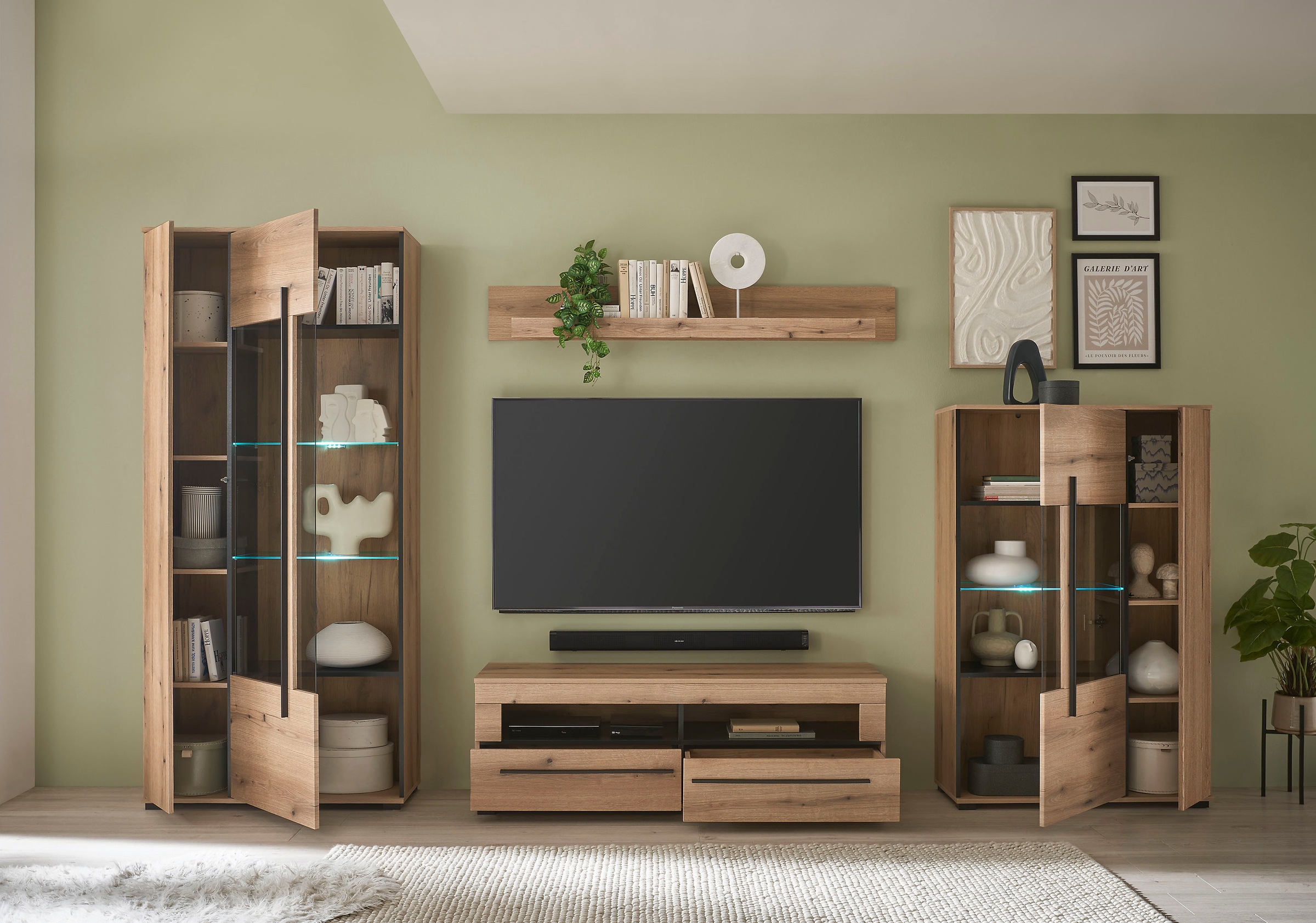 INOSIGN Wohnwand »Cantara, moderne Anbauwand, Wohnzimmer-Set, in Eiche Evoke oder Weiss«, (Set), enthält zwei Vitrinen, ein Lowboard und ein Wandboard