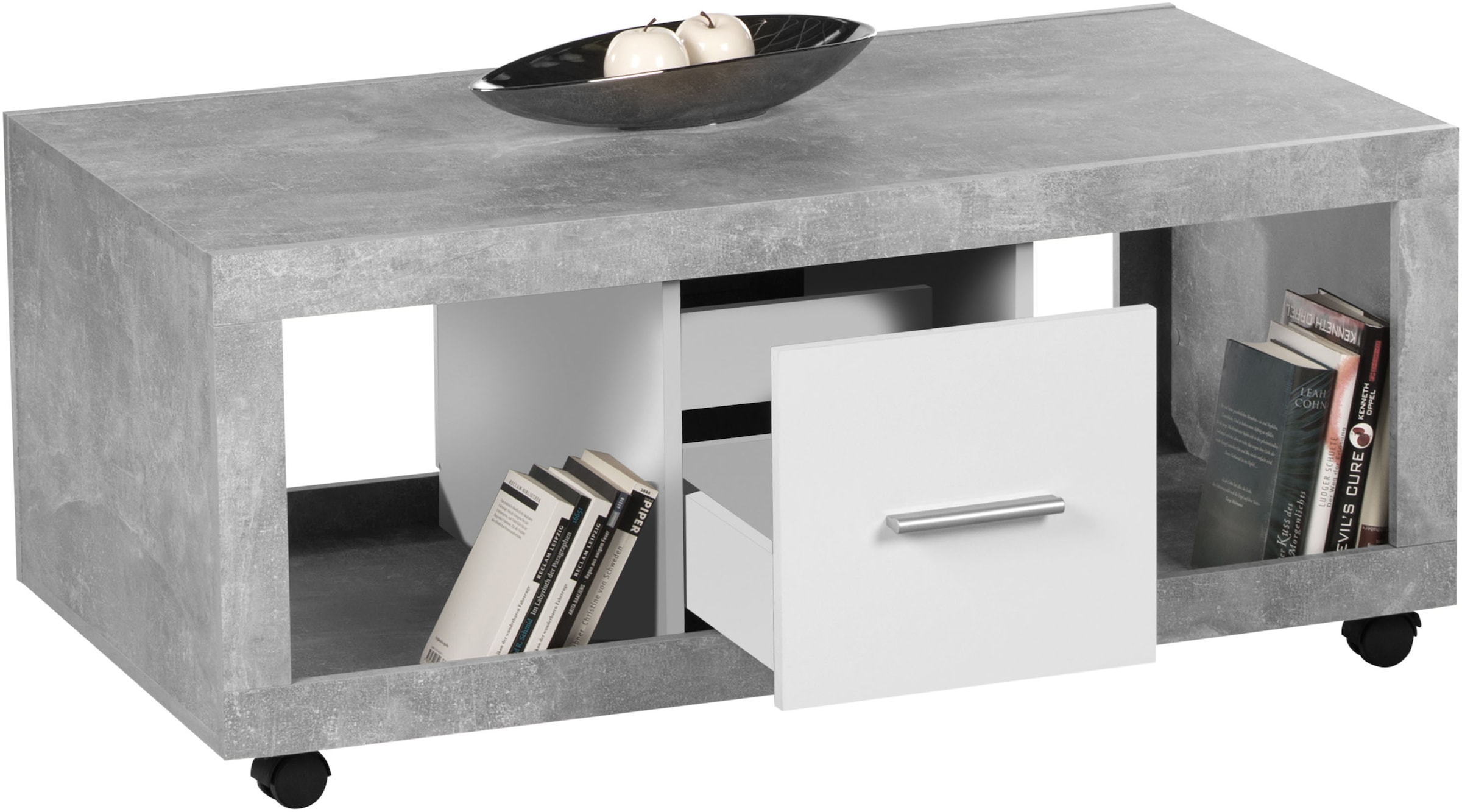 Stolkom Couchtisch »Stone rollbar mit Schubkästen, Beton weiss, BxHxT 115x50x60 cm«, Rollbar, 2 Schubkästen, 2 offene Fächer, Beton Dekor-Weiss