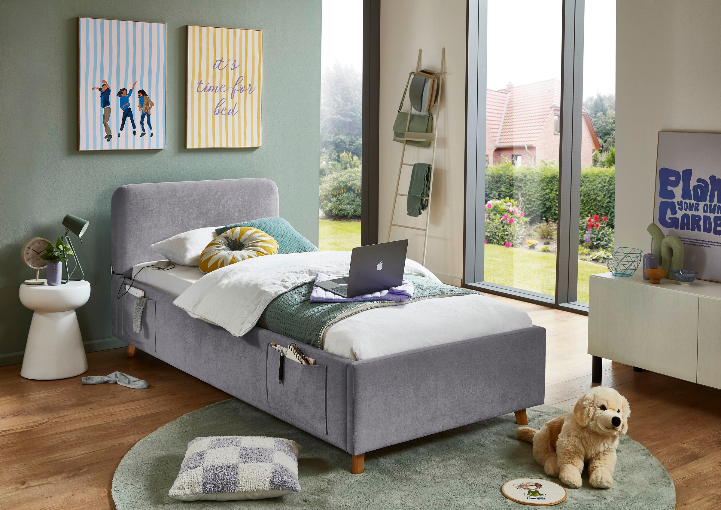 meise.möbel Kinderbett "COSY in de Breiten 90, 120 & 140 erhältlich, wahlweise mit Bettkasten" wahlweise mit Holzfuss in schwarz oder eiche, inkl. USB-Anschluss