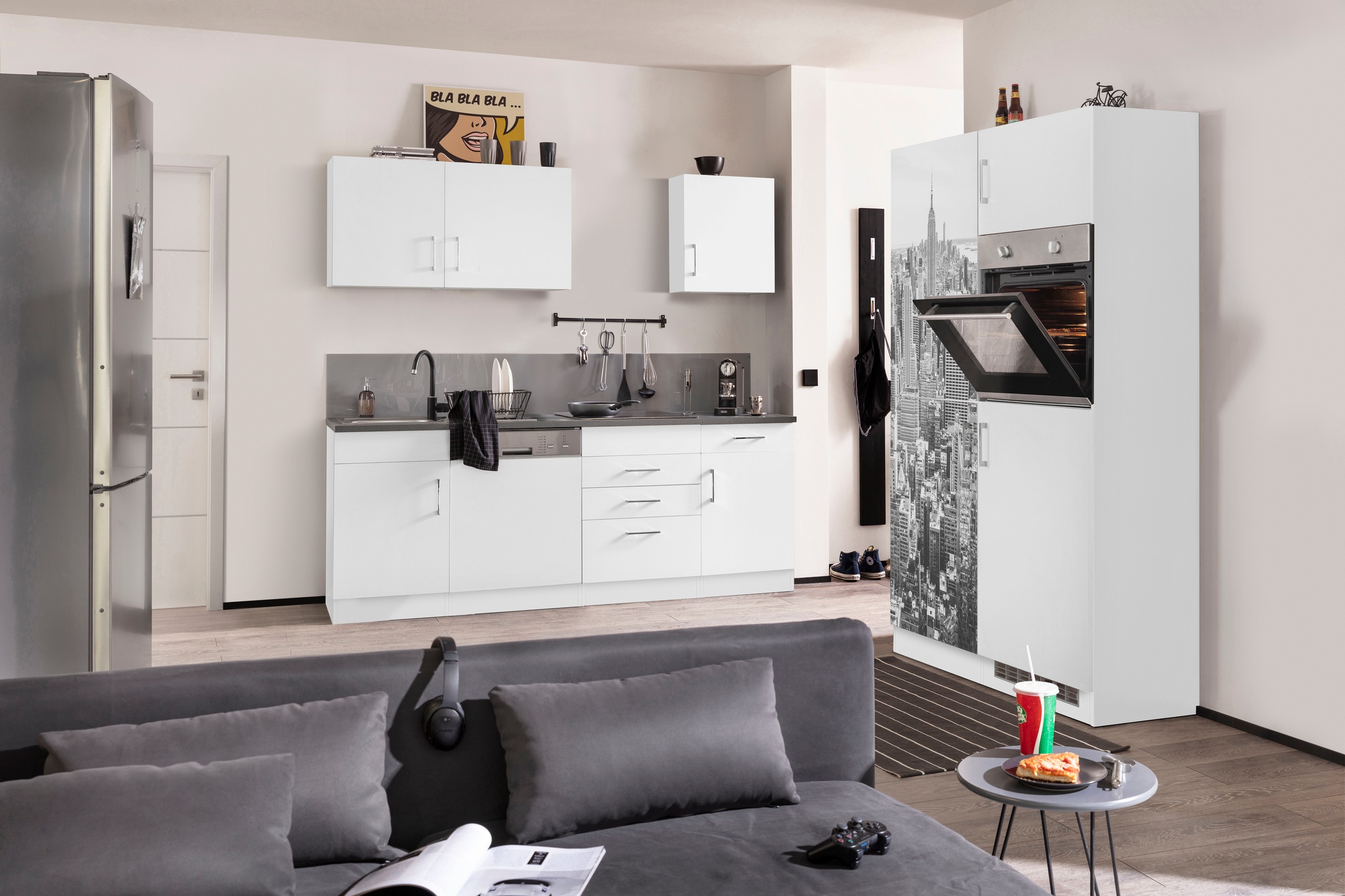 KOCHSTATION Küchenzeile "KS-Paris – Küchen mit einzigartigen Fotomotiven auf den Fronten" Breite 340 cm, wahlweise mit E-Geräten und Induktion