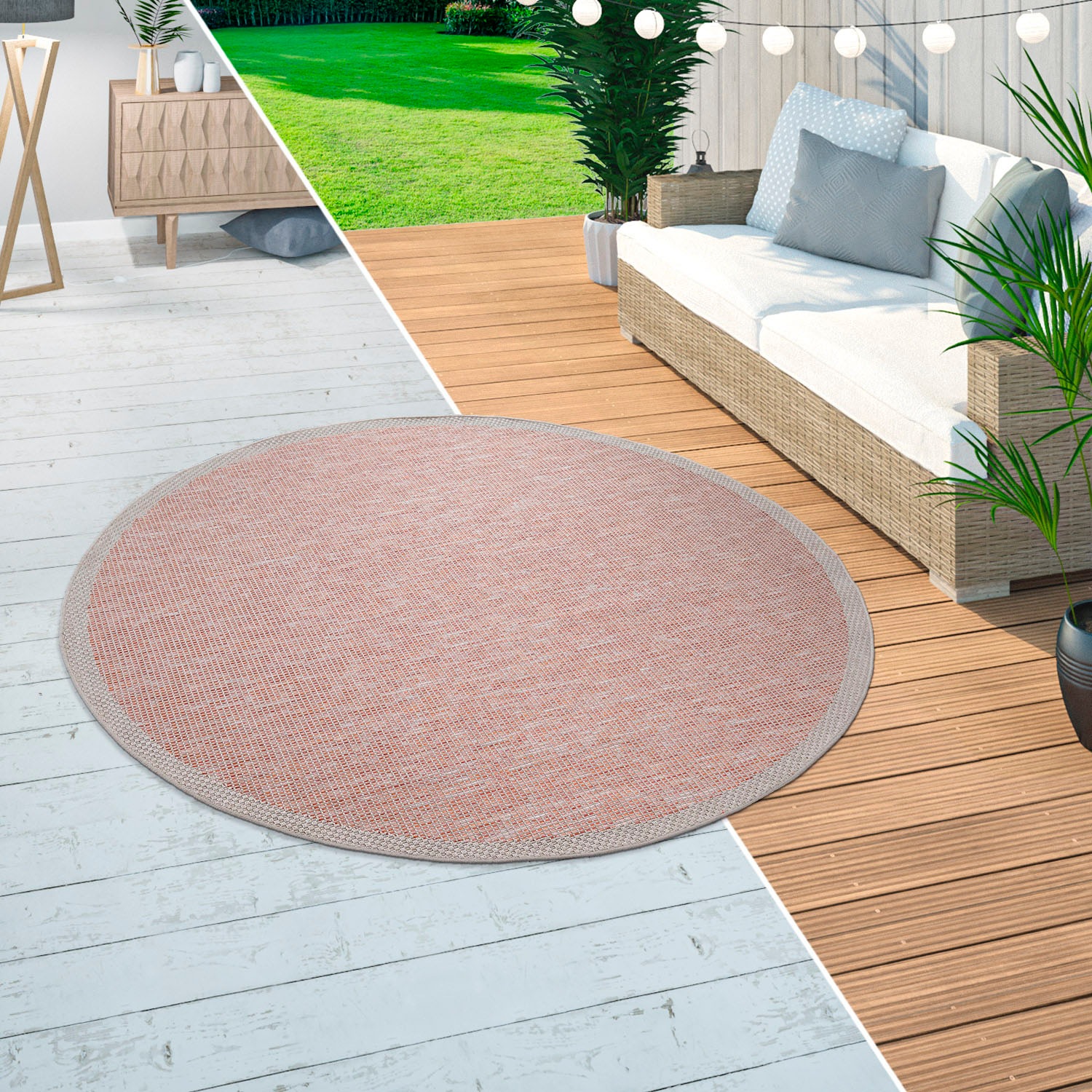 Paco Home Teppich »Quebec 135«, rund, 4 mm Höhe, Flachgewebe, meliert, mit Bordüre, In- und Outdoor geeignet