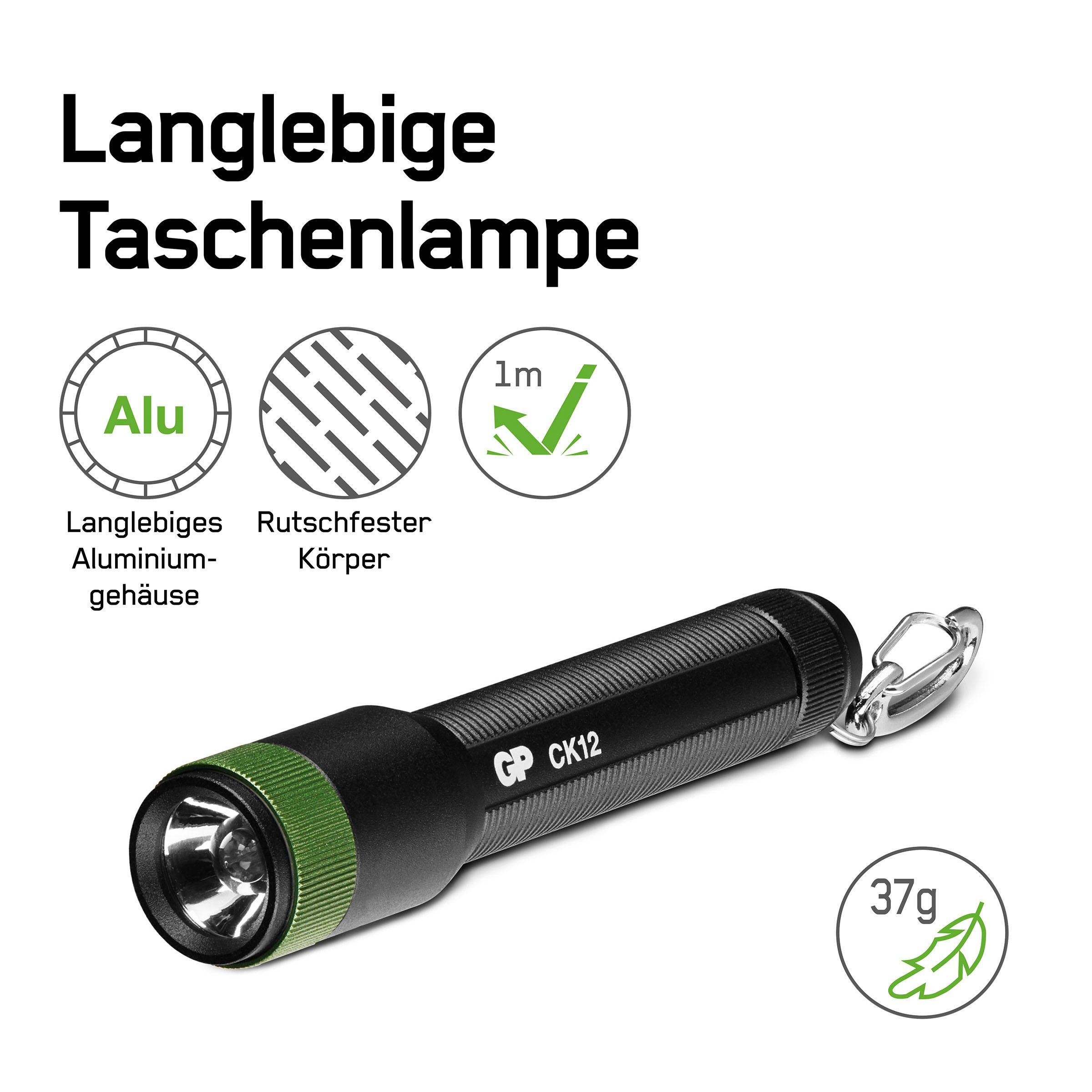 GP Batteries Taschenlampe »CK12«, 20 Lumen, inkl. 1x AAA Batterie, Metallgehäuse, IPX4, Leuchtweite 25