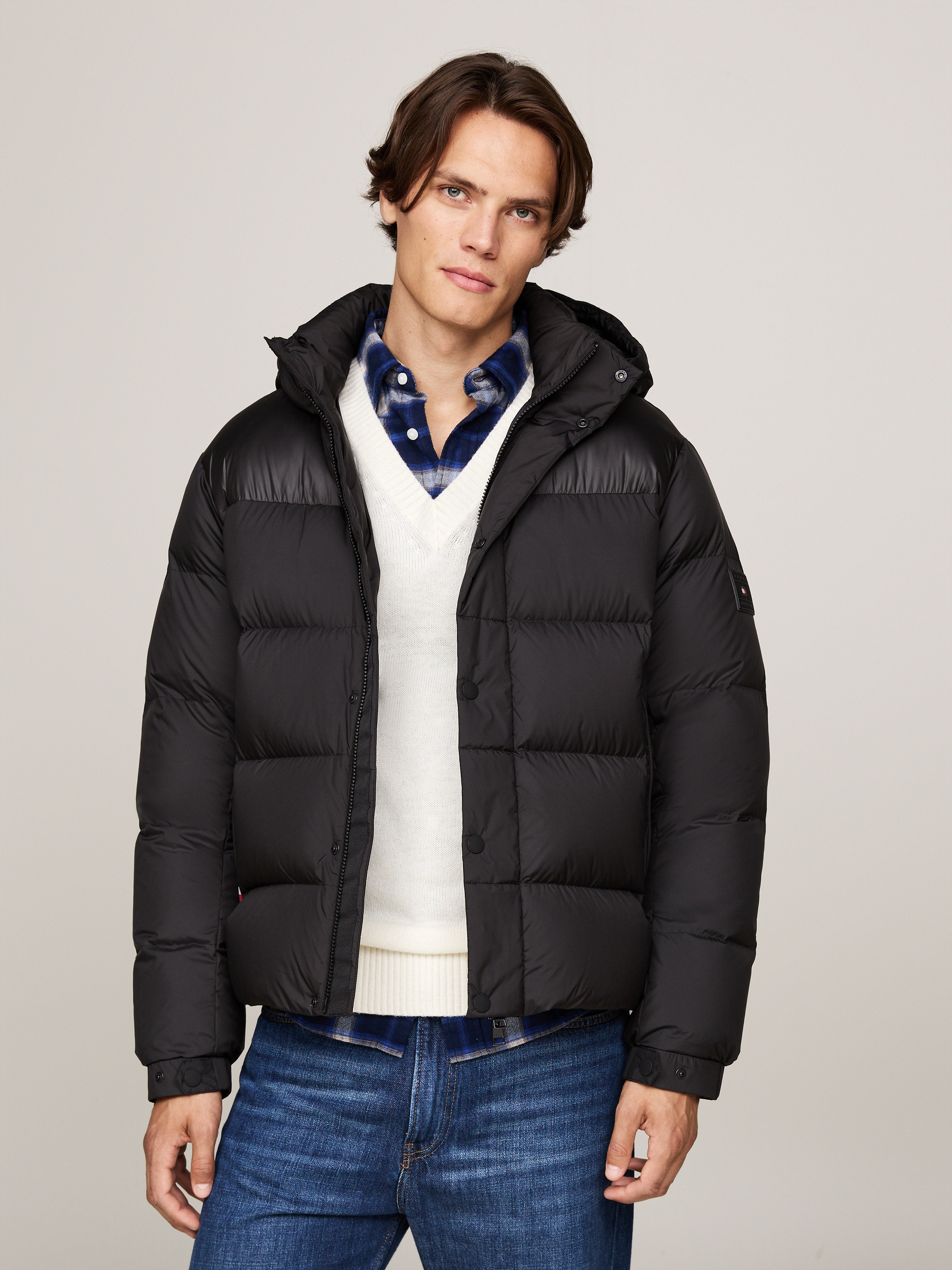 Tommy Hilfiger Schwarz Steppjacke "Mix Down Hooded Puffer Jacket" Mit Kapuze Mit Abnehmbarer Kapuze