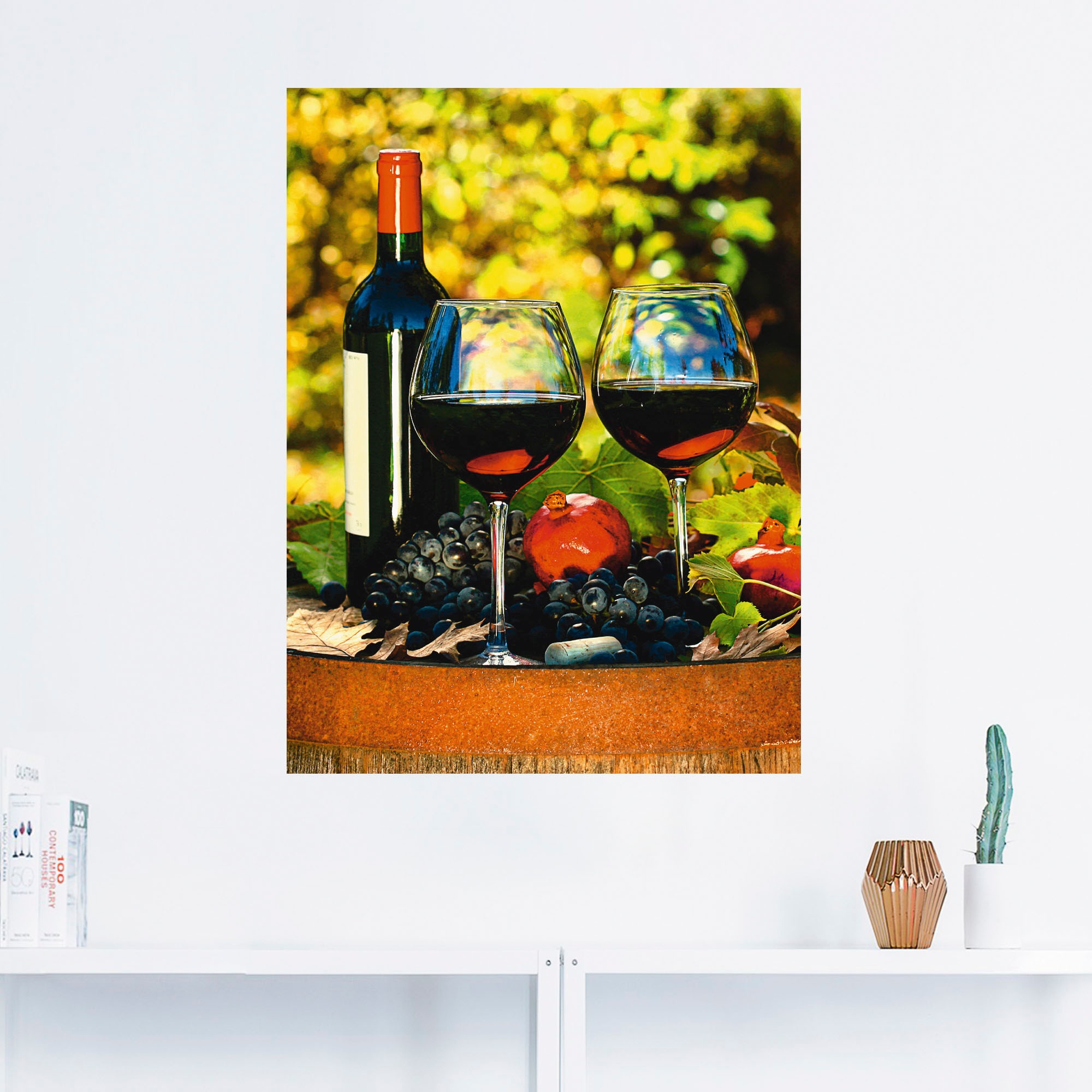 Artland Wandbild »Gläser Rotwein auf altem Fass«, Getränke, (1 St.), als Poster, Wandaufkleber in verschied. Grössen