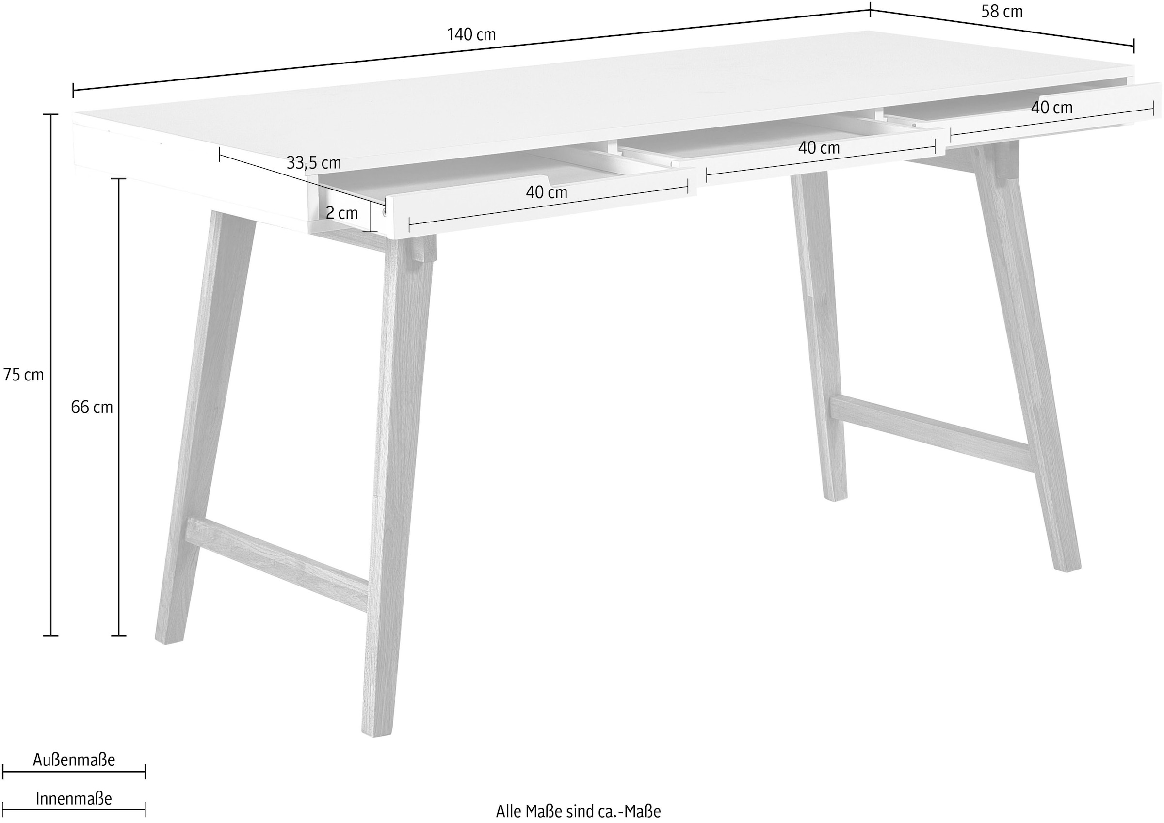 MCA furniture Schreibtisch »Anneke L«, weiss matt lackiert, Gestell Massivholz buchefarben, Breite 140 cm