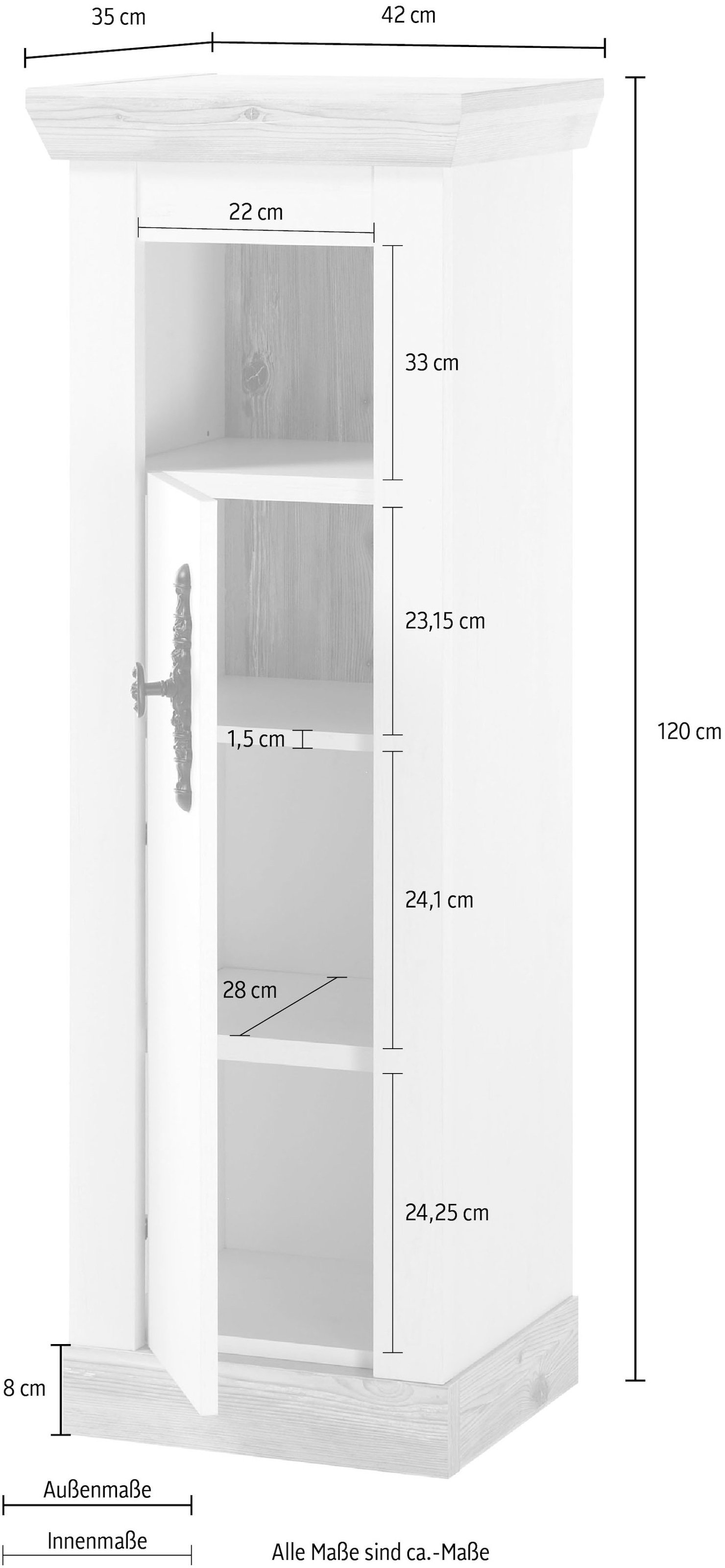 Home affaire Midischrank »Florenz, Badschrank im Landhausstil, Schrank mit Metallgriffen«, in Pinie Weiss, offenes Fach und Stauraum hinter Drehtür