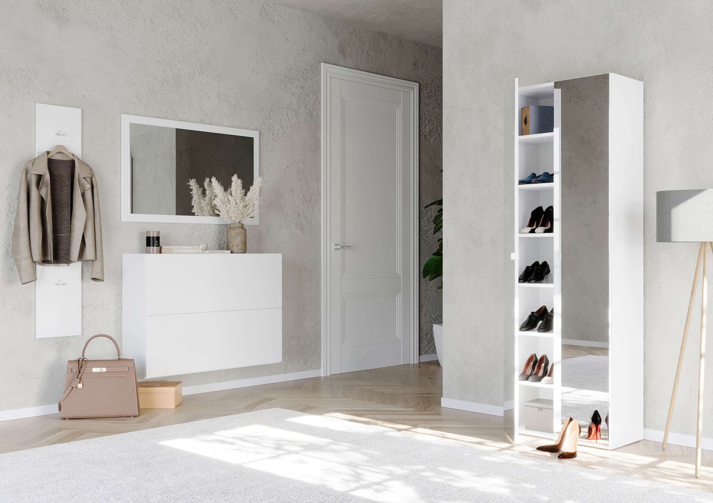 INOSIGN Schuhschrank »SMILE Höhe 184 cm, Weiss Hochglanz lackiert mit 2 Spiegeltüren,«, Schuhregal mit 7 Ebenen, Metallgriff, viel Stauraum, 4 Böden variabel