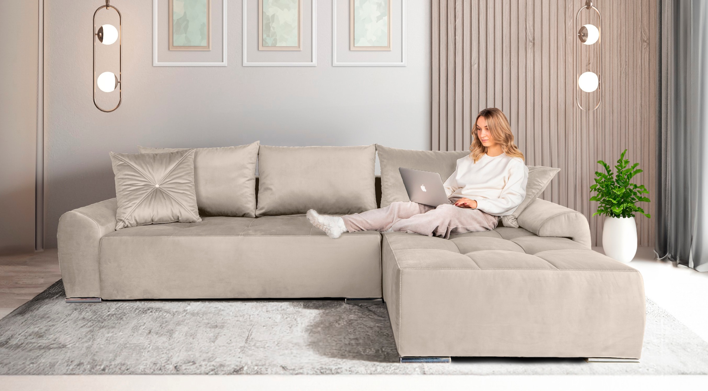 COLLECTION AB Ecksofa »Bilbao L-Form«, inkl. Bettfunktion und Bettkasten, Zierkissen mit Strassstein