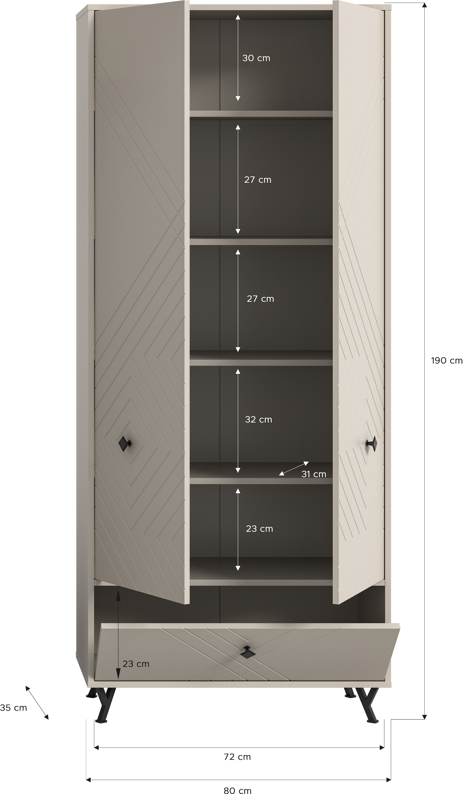 INOSIGN Garderobenschrank »Mento, Höhe 190cm, 2 Türen, 1 Klappe, 4 Einlegeböden, 6 Fächer«, Metall Knopfgriffe & Y-Füsse, Front mit Ornamentfräsung, Kleiderschrank