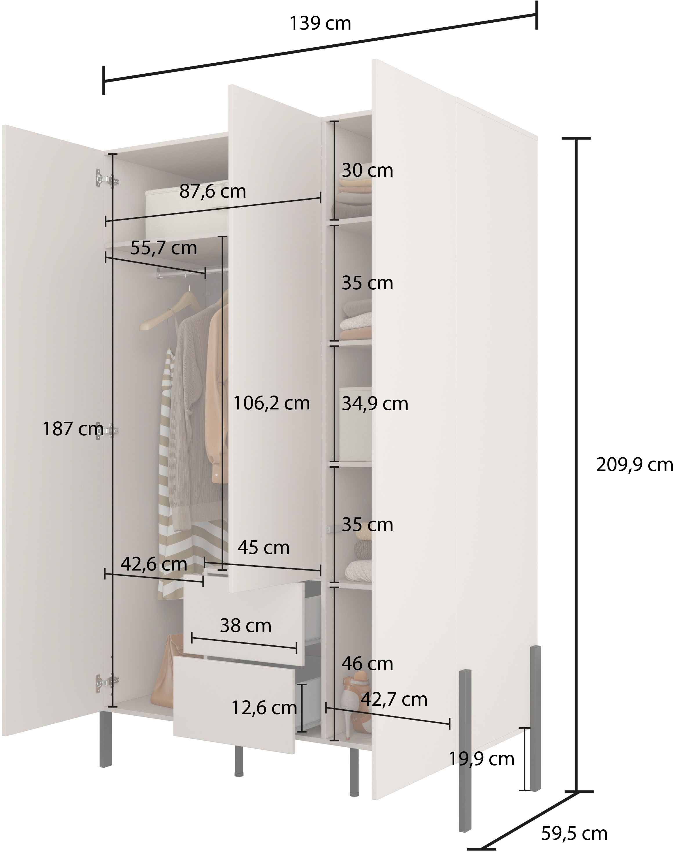 Home affaire Drehtürenschrank »Jukon, moderner Kleiderschrank mit Metallfüssen«, (B/H/T 3-Türer: ca. 135/210/60 4-Türer ca: 180/210/60), push to open Funktion, passend zur JUKON Serie, viel Stauraum