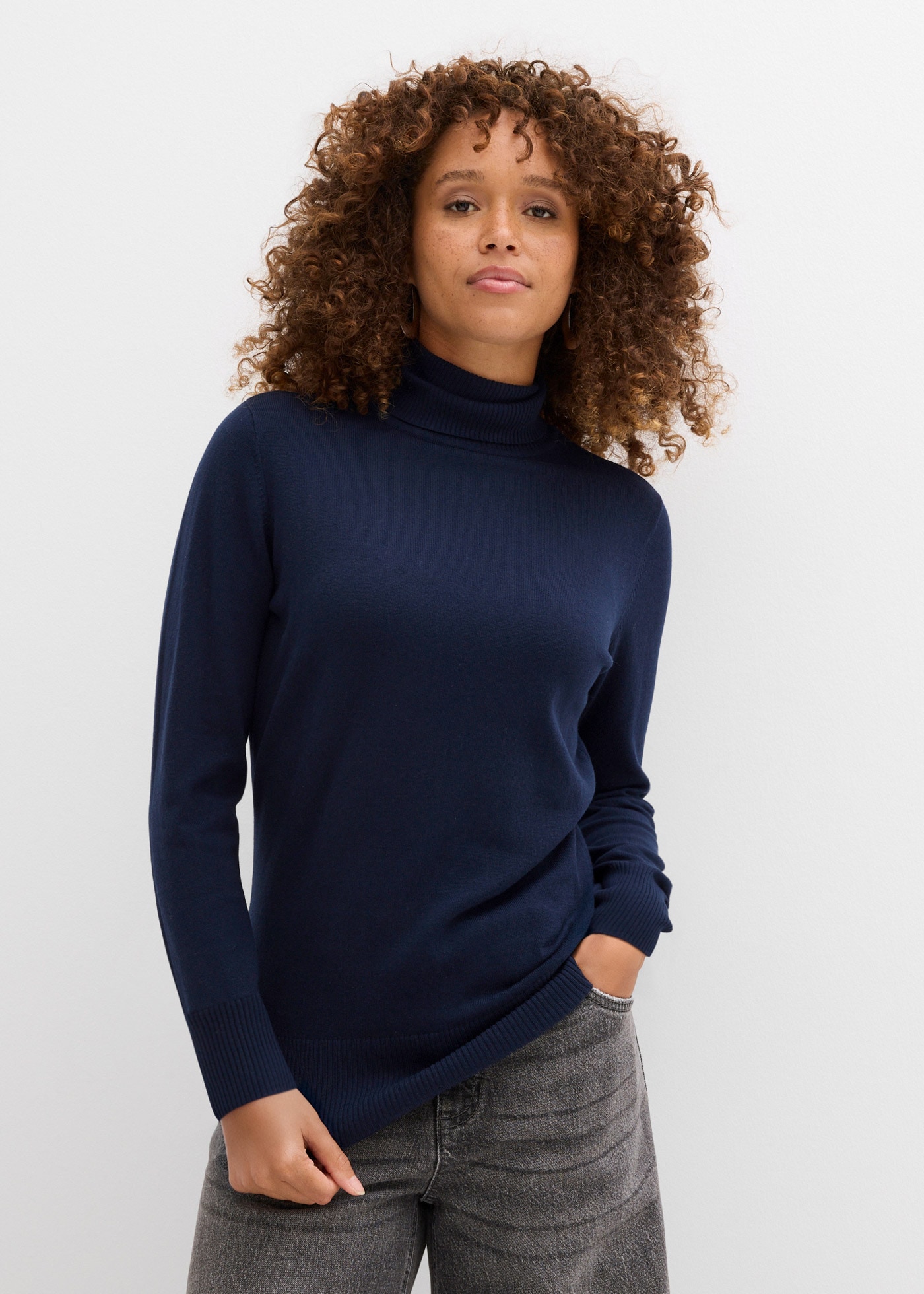 bonprix Rollkragenpullover "Feinstrick-Rollkragenpullover" aus Baumwollmischung, mit hohem Rollkragen, schmale Passform