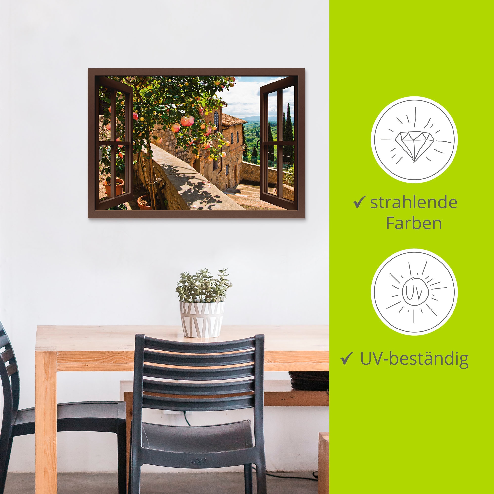 Artland Wandbild »Fensterblick Rosen auf Balkon Toskana«, Garten, (1 St.), als Alubild, Outdoorbild, Leinwandbild, Poster, Wandaufkleber