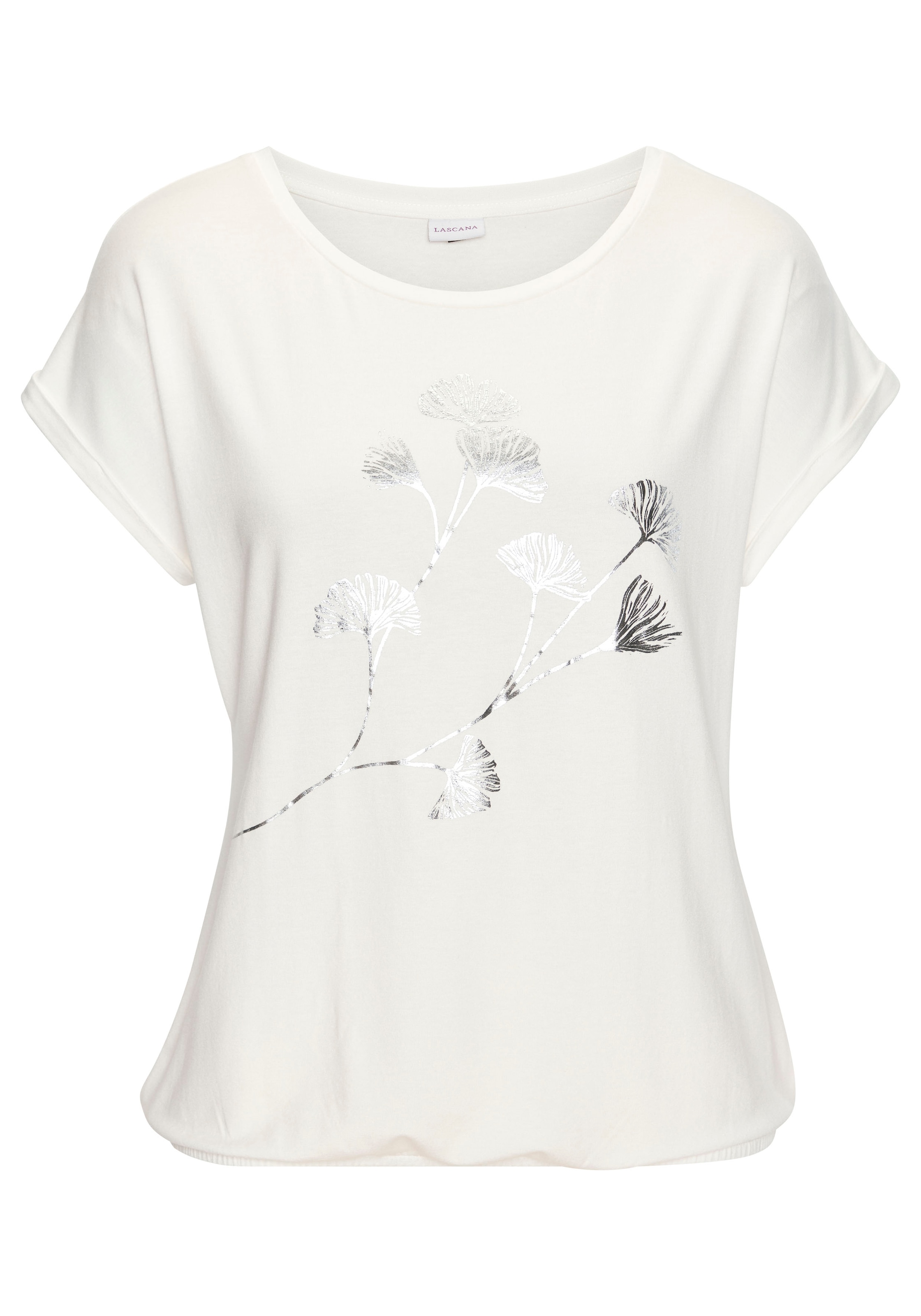LASCANA Kurzarmshirt »mit schimmerndem Blumenprint«, aus elastischer Viskose-Qualität