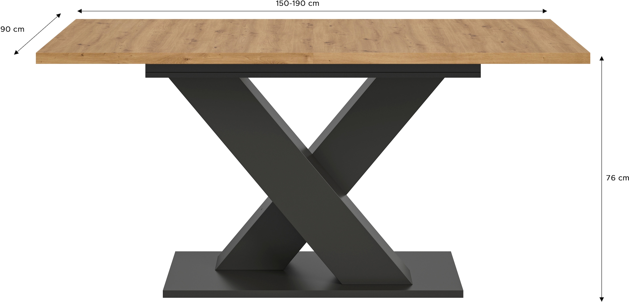 INOSIGN Esstisch »Motus, ausziehbar 150 -190 cm, inklusive 40 cm Einlegeplatte«, (Set, 1 St.), X-Gestell mit Bodenplatte, Tisch, Küchentisch, Esszimmer, Küche