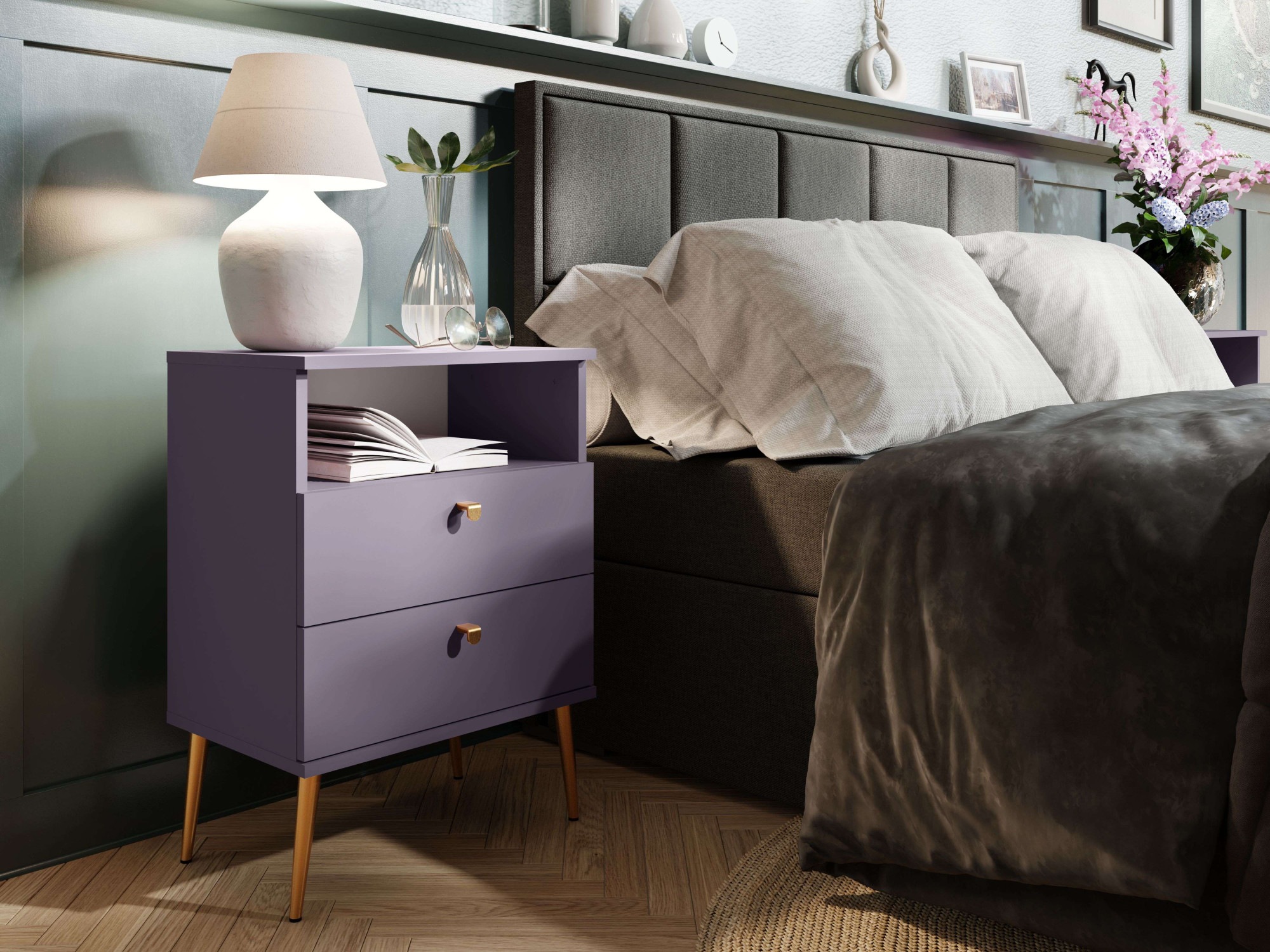 Home affaire Nachttisch »Elyria, Metallgriffe, FSC-zertifizierter Holzwerkstoff«, (Nachtkommode B/T/H 50/34/69cm), mit 2 Schubladen, 1 offenes Fach, viele Farben mit goldfarbenfb. Details