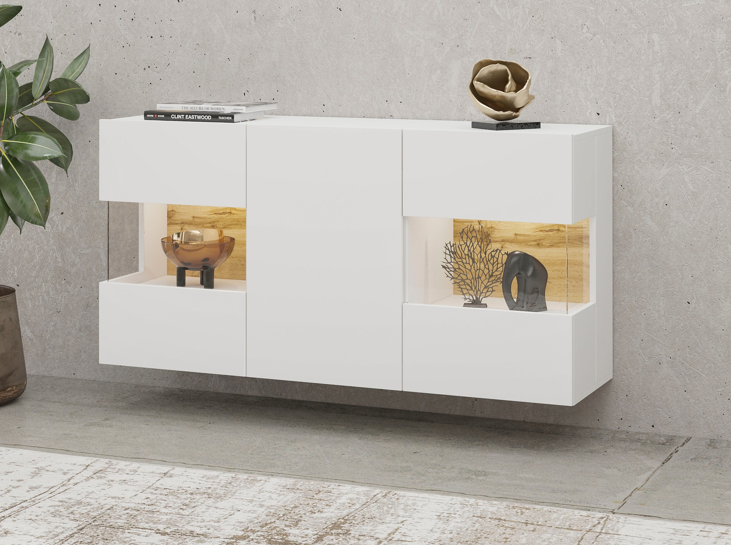 INOSIGN Sideboard »Ava, Breite 120 cm, hängend und stehend montierbar«, moderne grifflose Kommode, Anrichte, 3Türen, Eckverglasung