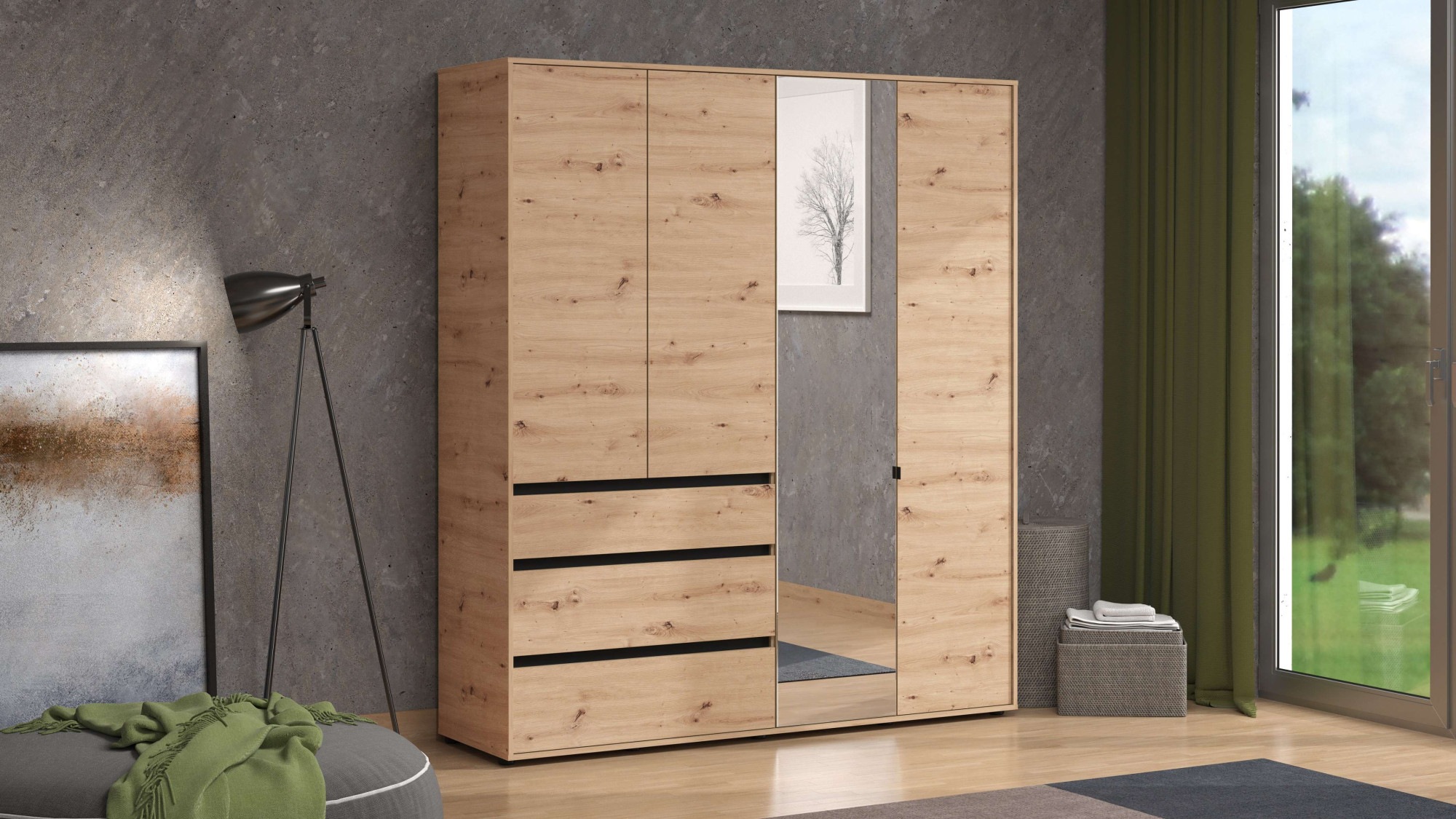 INOSIGN Kleiderschrank »Corbett, grifflose Optik, FSC-zertifziert, Made in Europe« 138 oder 182,5cm breit, 211cm hoch und 54,5cm tief, mit Spiegel, 3 Schubladen und Innenausstattung