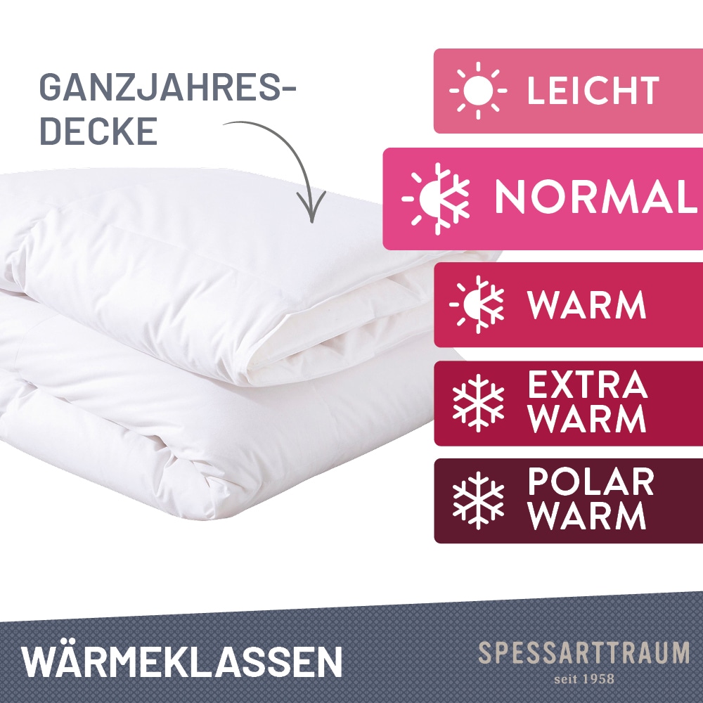 SPESSARTTRAUM Daunenbettdecke »First Class«, normal, Füllung 90% Daunen / 10% Federn, Klasse 1, Downpass zertifiziert, Bezug 100% Baumwolle, Made in Green, Hausstauballergiker geeignet, (1 St.), 5 Wärmeklassen & 6 Grössen, Bestseller