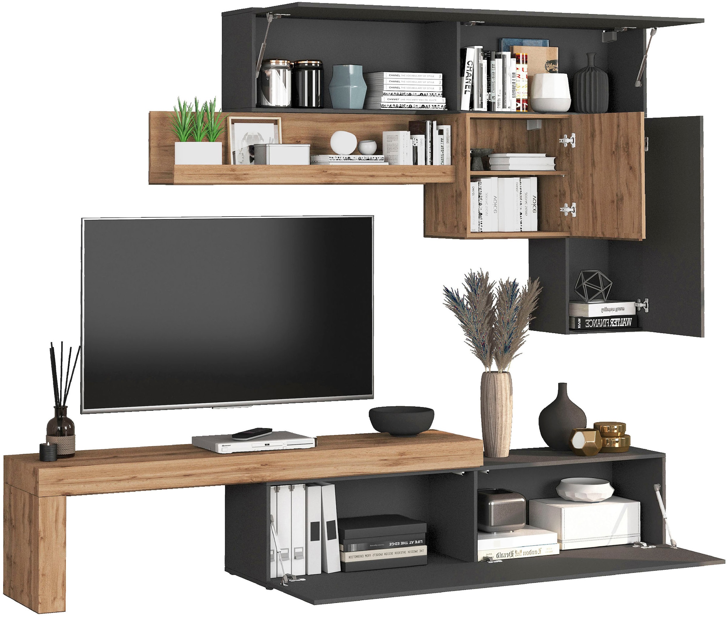 INOSIGN Wohnwand »Chronos Wohnwand, Medienwand, 5-er set«, (Set, 5 St.), ca. 270 cm mit Hängeschränke, Würfel, Regal, Lowboard, Made in Italy