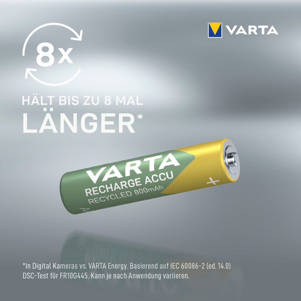 VARTA wiederaufladbare Batterien »wiederauflaudbare Akkus«, 1,2 V, (Packung, 4 St.), VARTA Recharge Accu Recycled, Ready-To-Use vorgeladener AAA Micro Ni-MH Akku (4er Pack, 800mAh) - aus 11% recyceltem Material - wiederaufladbar ohne Memory Effekt