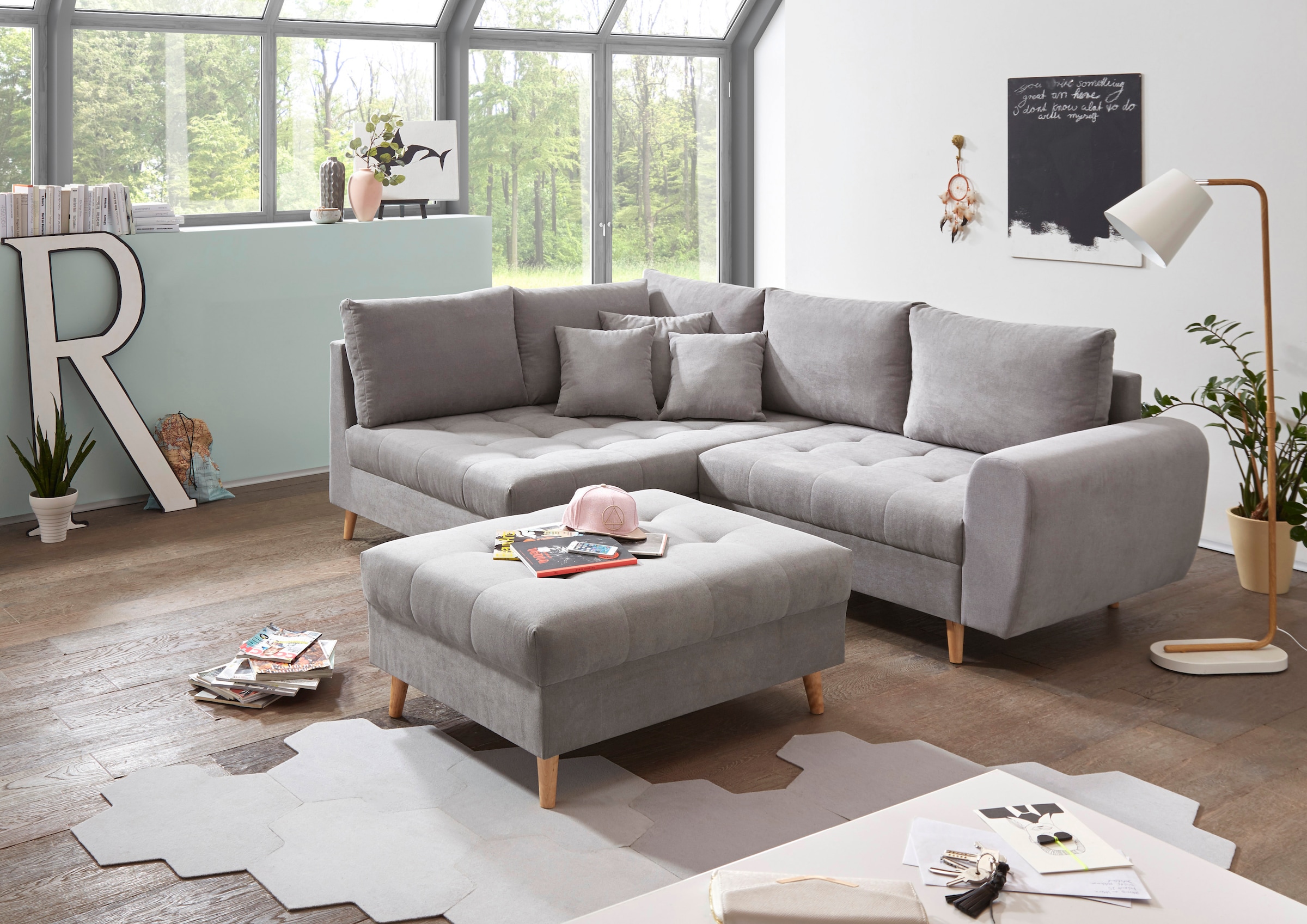 ED EXCITING DESIGN Ecksofa "Alice L-Form" mit Hocker & 3 Zierkissen