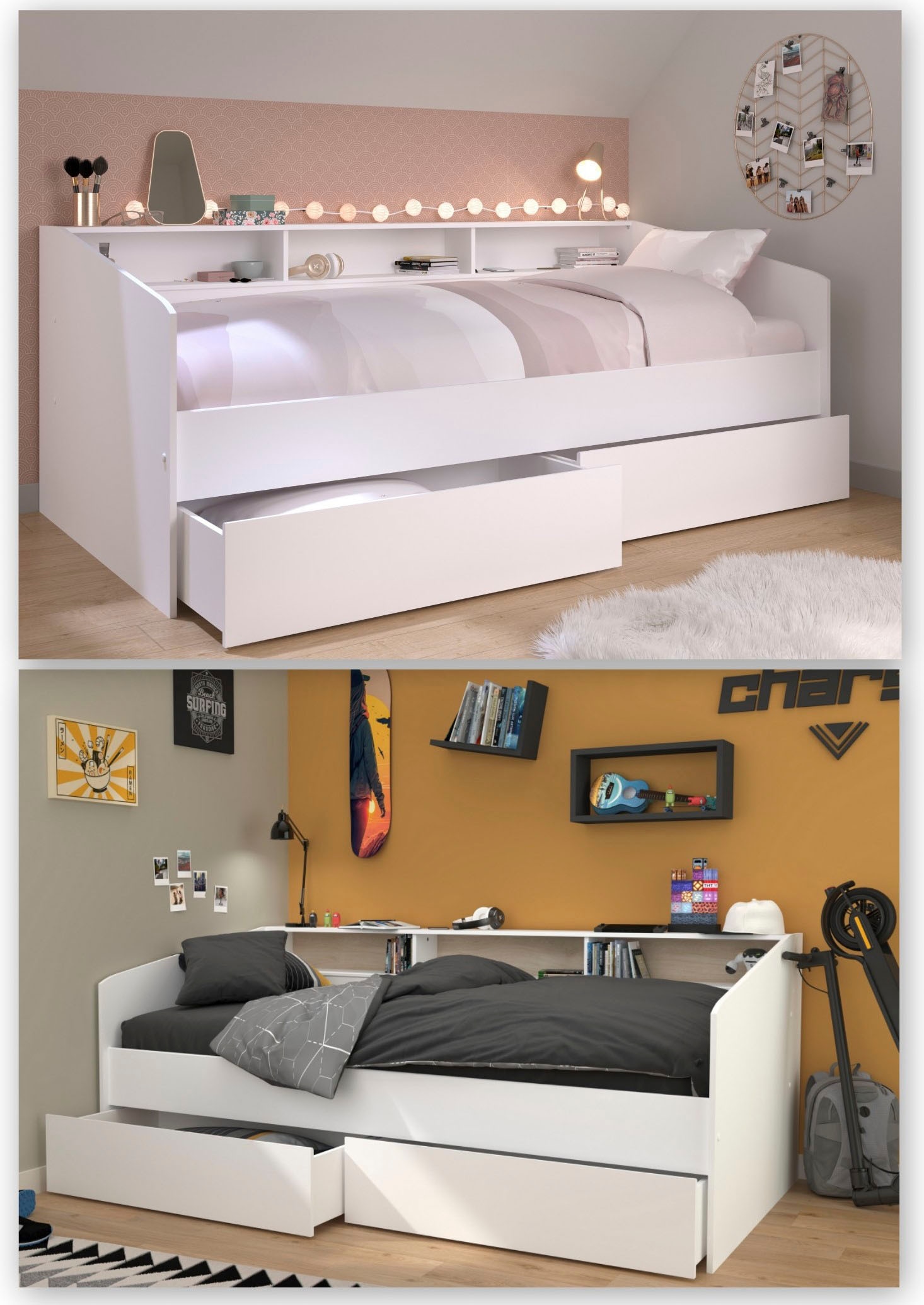 Parisot Stauraumbett »Sleep, Daybed, Kinderbett, Rückwand der Regale drehbar (farbig + weiss)«, inklusive, Regale, Schubkästen, viel Stauraum, TOPSELLLER!