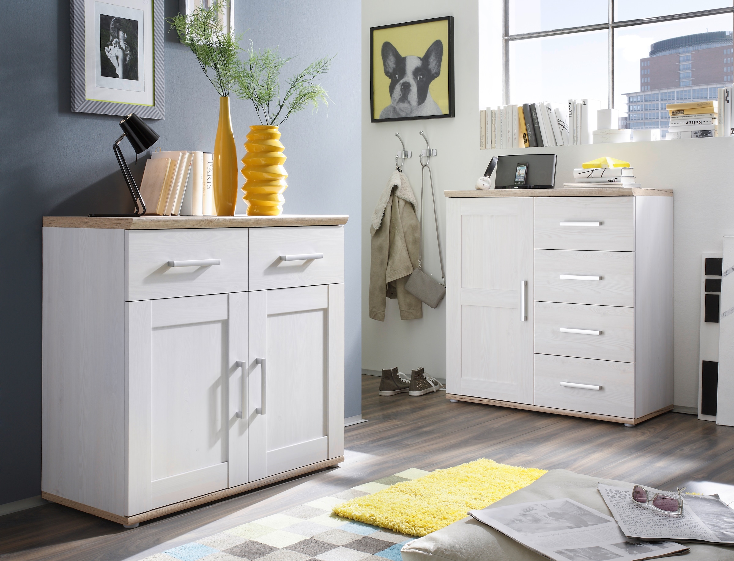 HBZ Kommode »Romance im Landhaustil, BxHxT 93x99x45 cm«, Schrank mit 1 Tür, 4 Schubkästen und 2 Einlegeböden