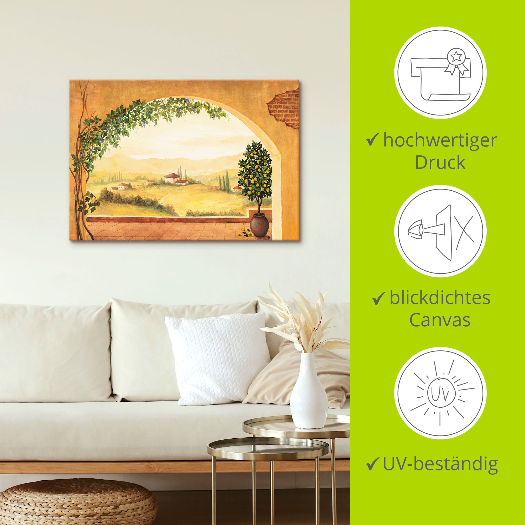 Artland Wandbild »Weinranken vor der Toskanalandschaft«, Fensterblick, (1 St.), als Leinwandbild, Poster in verschied. Grössen