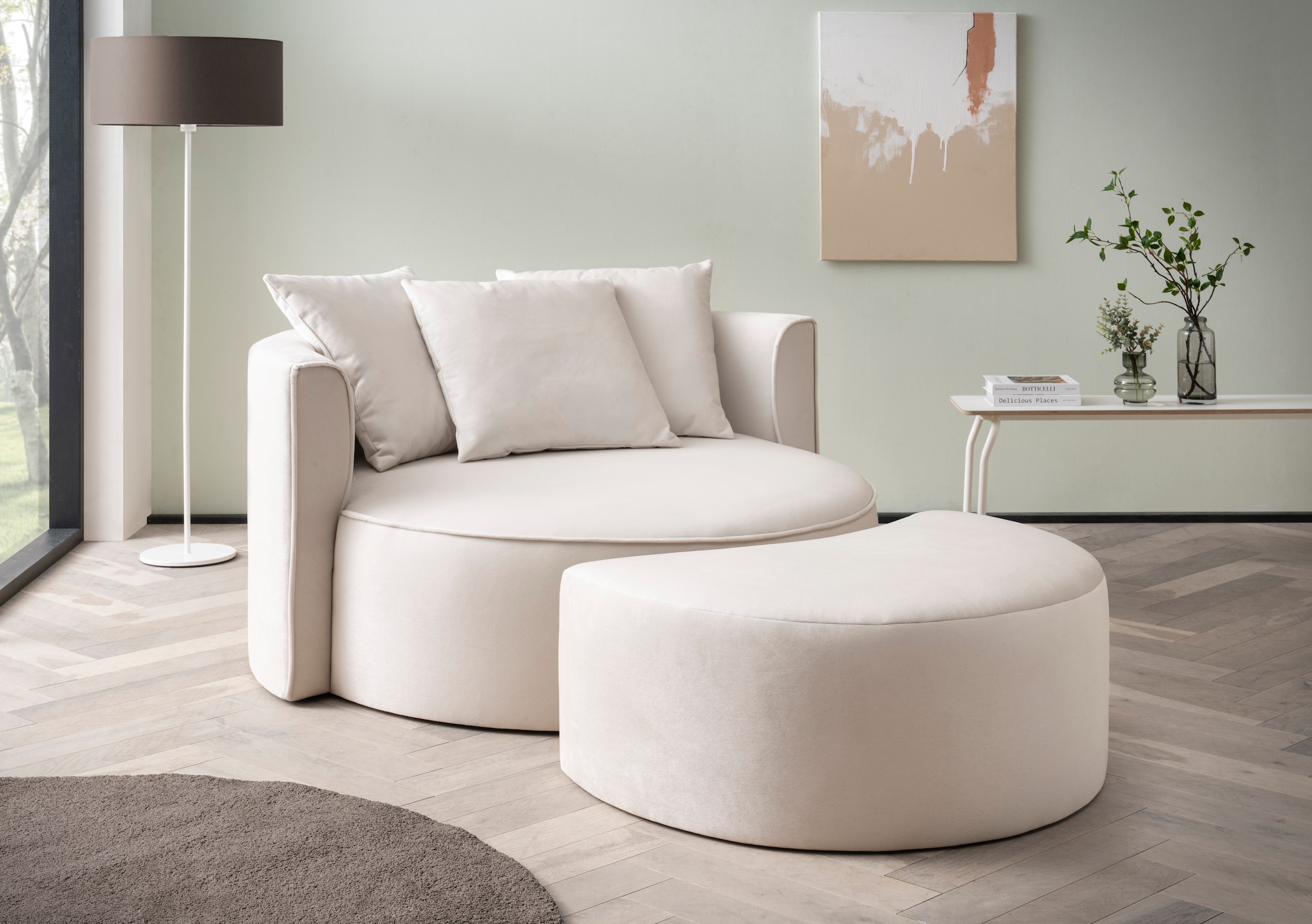 LeGer Home by Lena Gercke XXL-Sessel »Isalie, Rundsessel mit Hocker, Lesesessel, Loveseat, Big-Sessel«, (Set), trendige Stoffe, mit 3 Zierkissen, grosse Sitzfläche