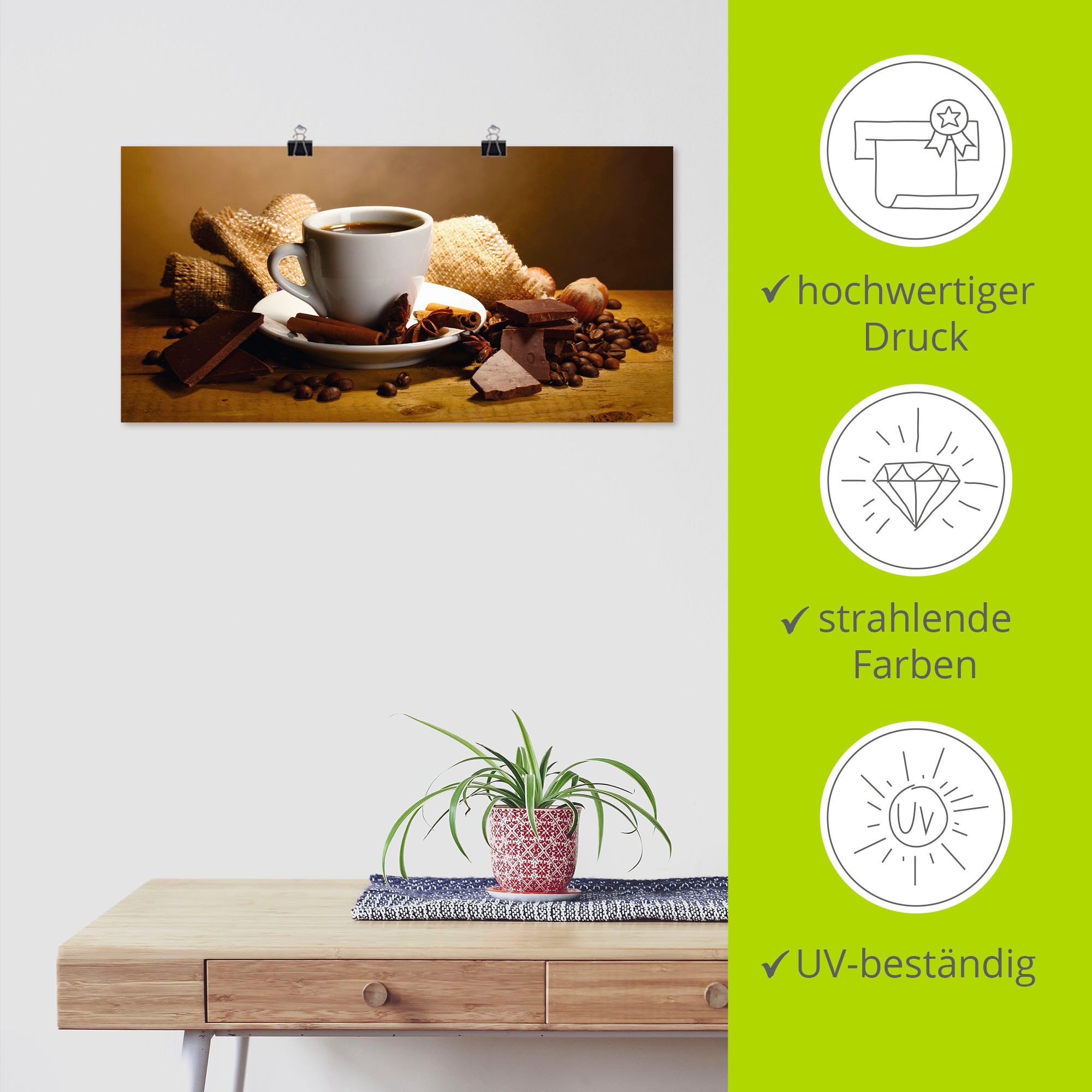 Artland Wandbild »Kaffeetasse Zimtstange Nüsse Schokolade«, Getränke, (1 St.), als Leinwandbild, Poster, Wandaufkleber in verschied. Grössen