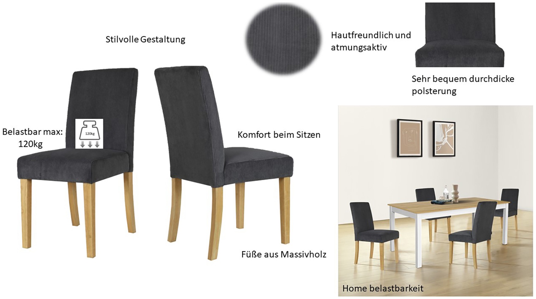Home affaire Esszimmerstuhl »Winikon, TOPSELLER!, OTTOs Choice«, (Set), 4 St., Cord, Massivholzgestell, moderner Cordbezug, bequem gepolstert