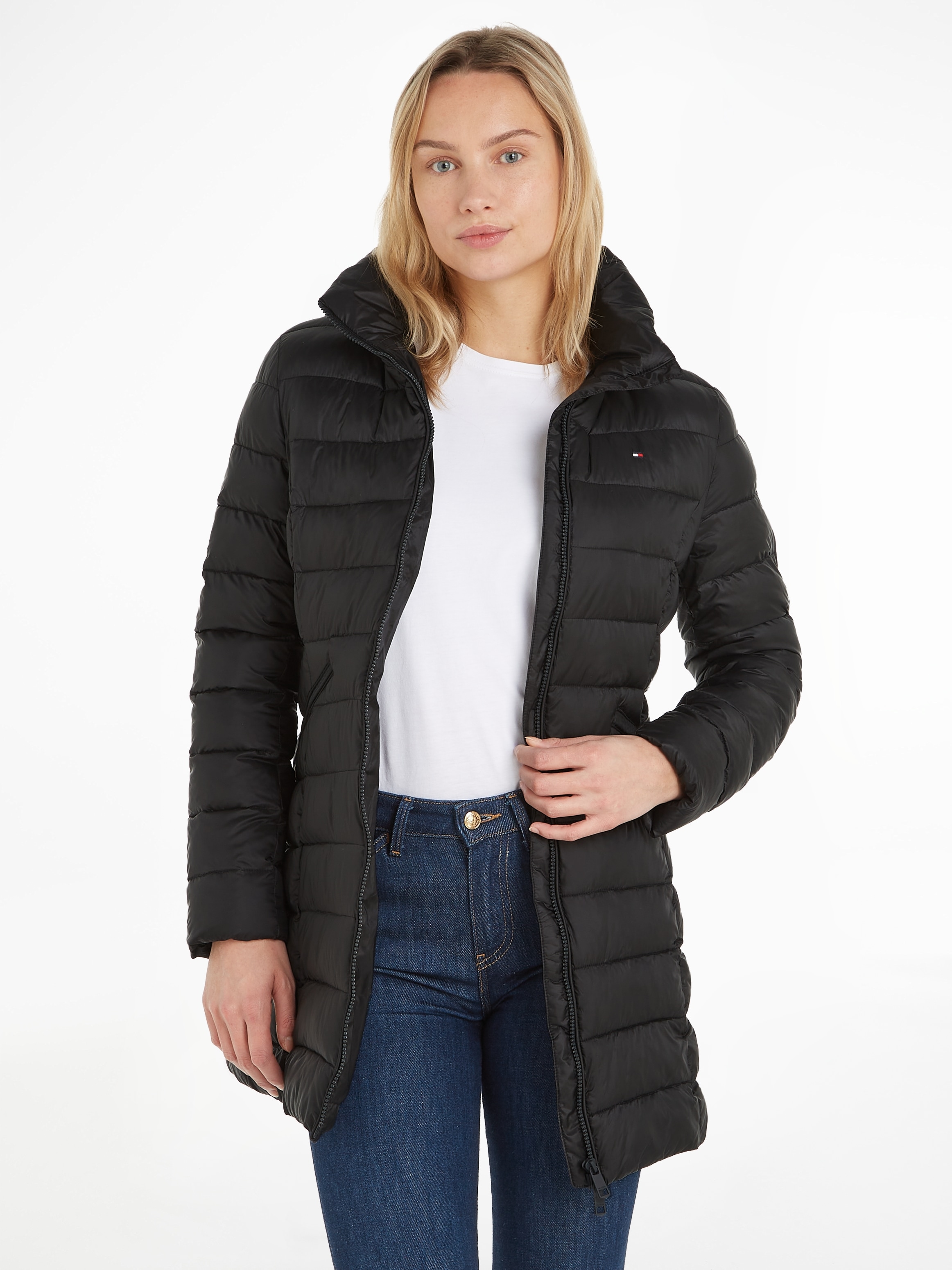 Tommy Hilfiger Steppmantel »MW PADDED GLOBAL STRIPE COAT«, mit Kapuze im Stehkragen